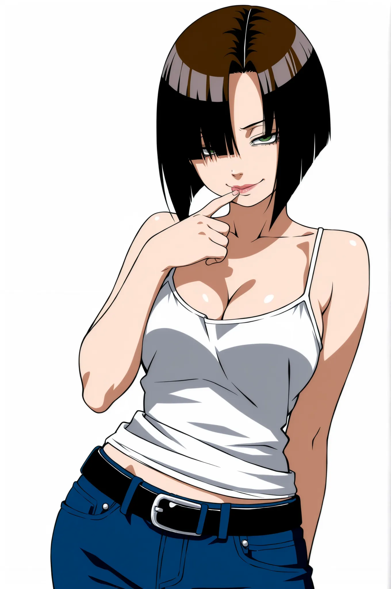 Naruto Style, by Masashi Kishimoto, Studio Pierrot, anime coloring, 1girl, solo, brown hair, shiny hair, detailed hair, (absurdly short inverted bob cut:1.2), (hair over face:1.3), (creative haircut, original haircut:1.3), parted hair, (curtained hair:1.2)...