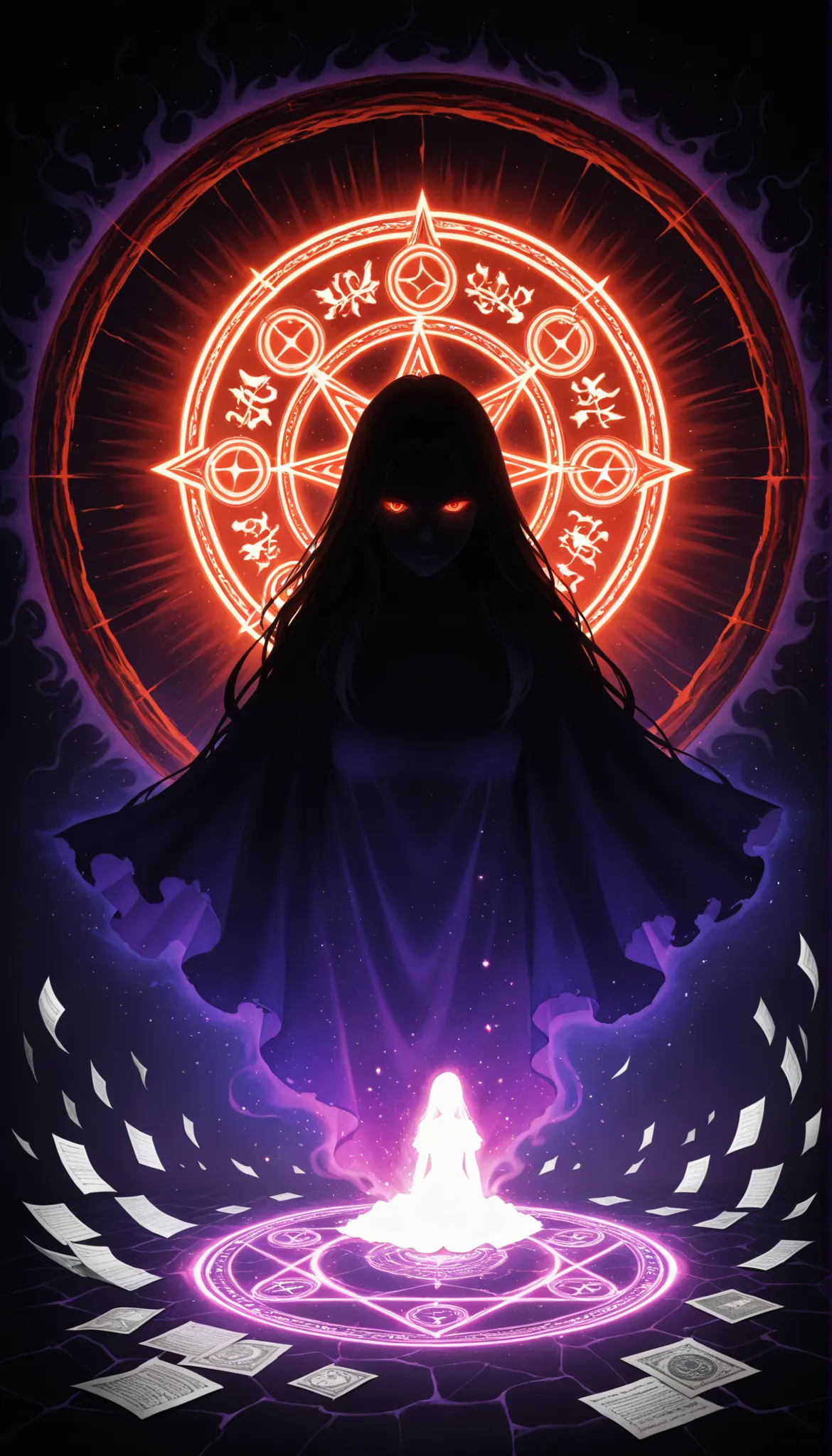 Exorcism Summoning:  Shade, Magical masterpieces , top quality, Psychedelic Art, 2D, consciousness,  Vintage , Art on Cracked Paper, The eight-pointed star, Call of a Different World, Magic Circle Floating in the Dark, Form of the Dead, Cursed Shades of Pu...