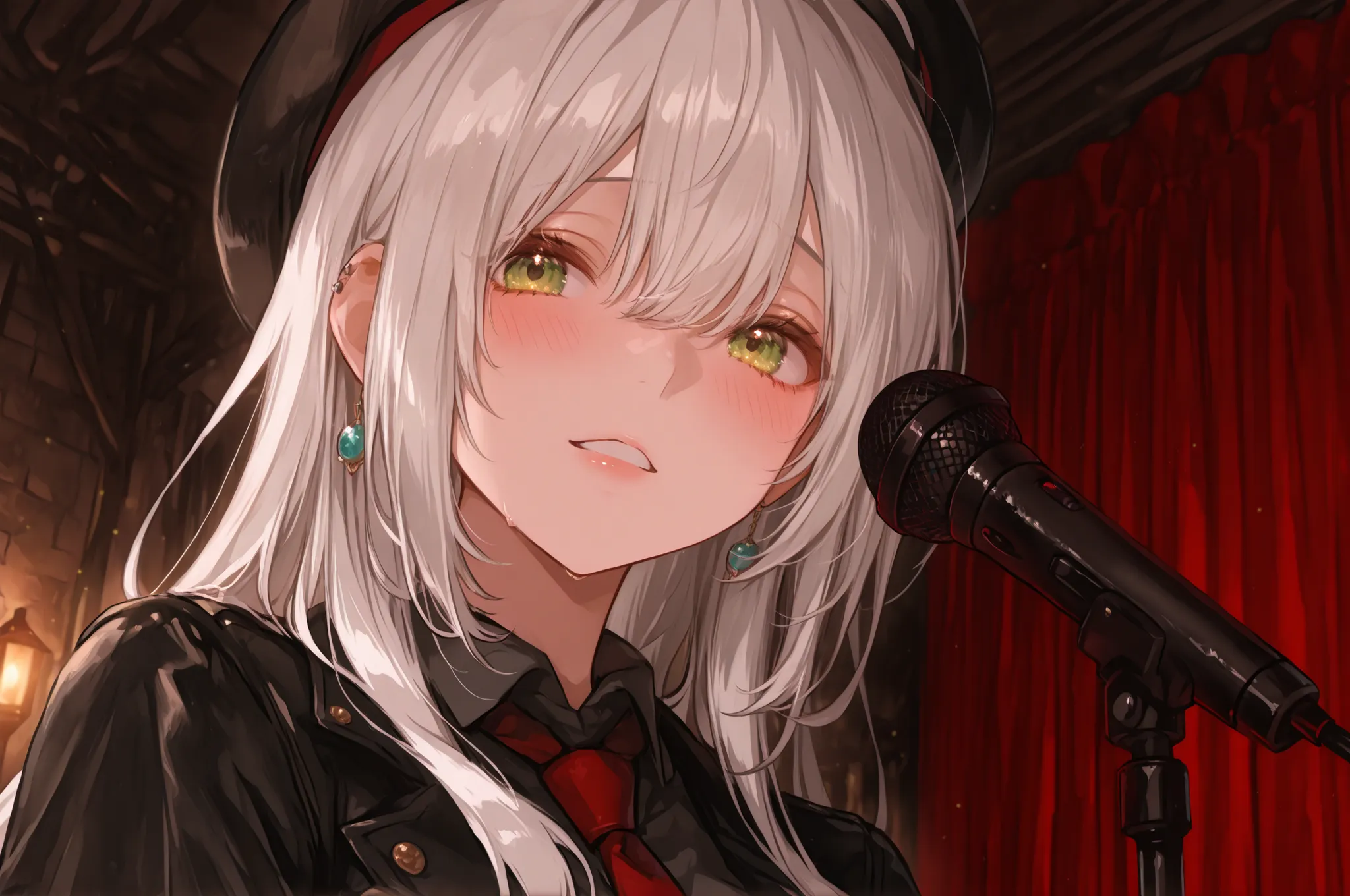 Female vocalist who winks。Microphone Stand。A。Angle showing the upper body from below