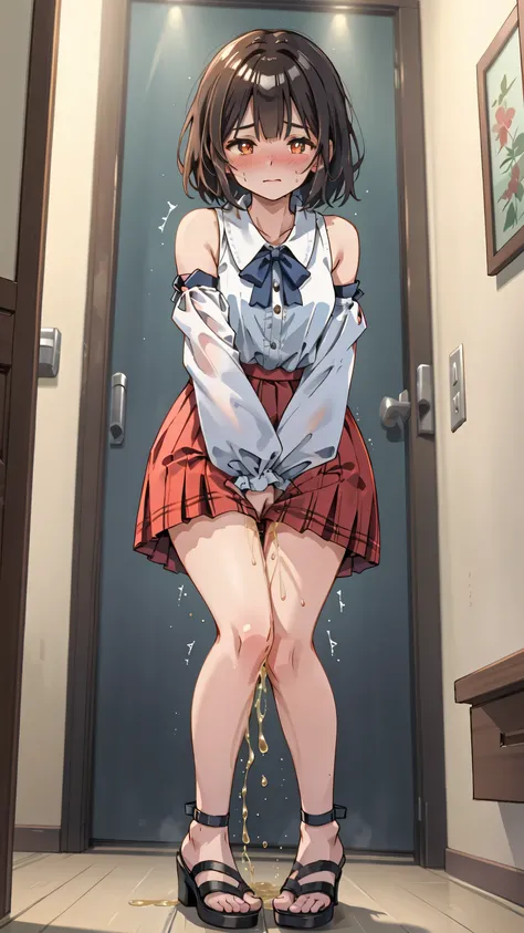 (SIGMA 200 mm F/1.8, 1/100 sec shutter, award-winning photo), (beautiful medium breasts, shiny skin), (short hair, blunt ends), have to pee, Anyone can see that she is desperately trying to hold in her pee, Disheveled hair, (Holding pee impatience expressi...