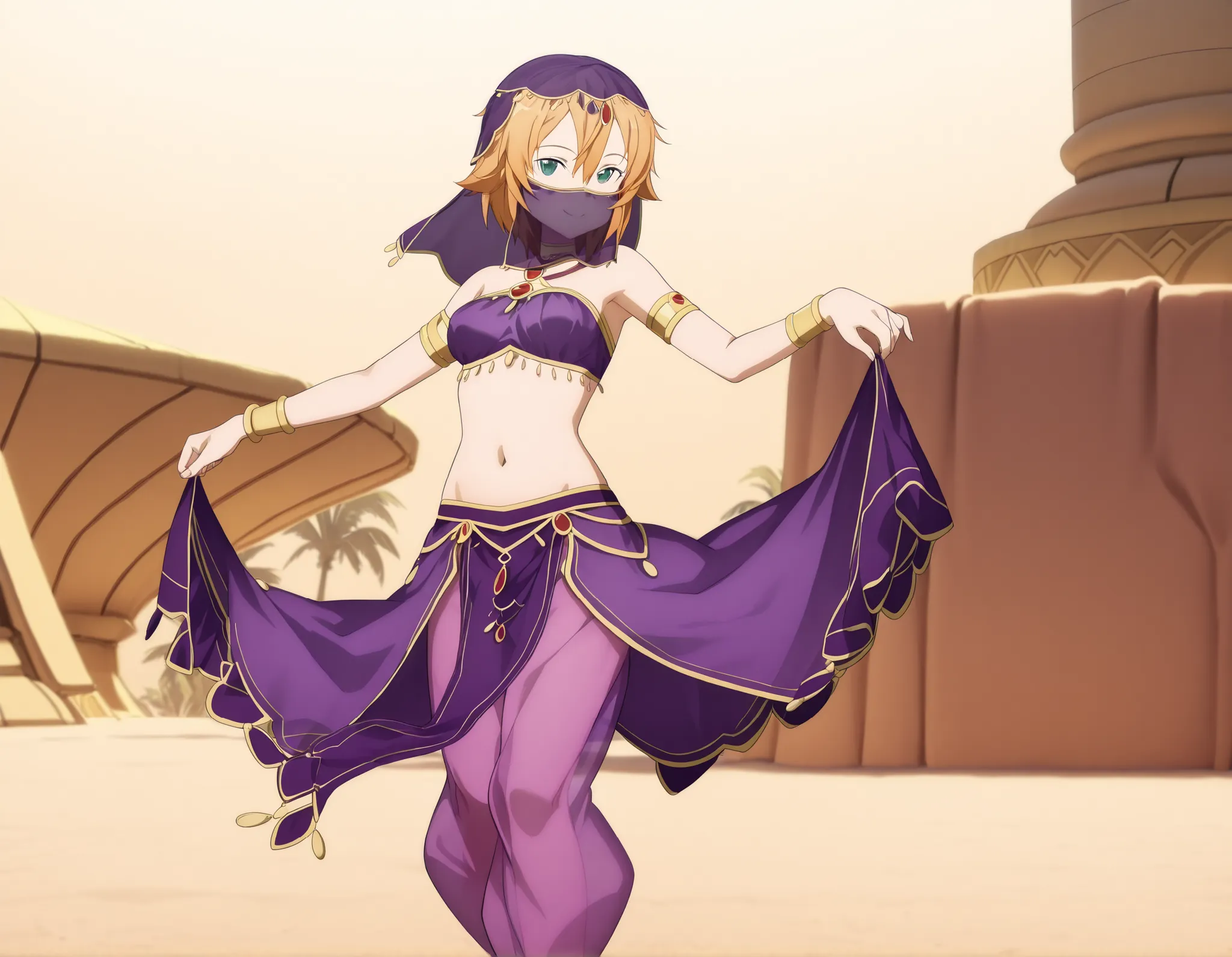 Philia_SAO arabian clothes, dancer, , belly dancing,mouth veil veil, armlet, oasis, dancing, smile,harem skirt, harem pants, belly dancing, harem veil,seductive pose