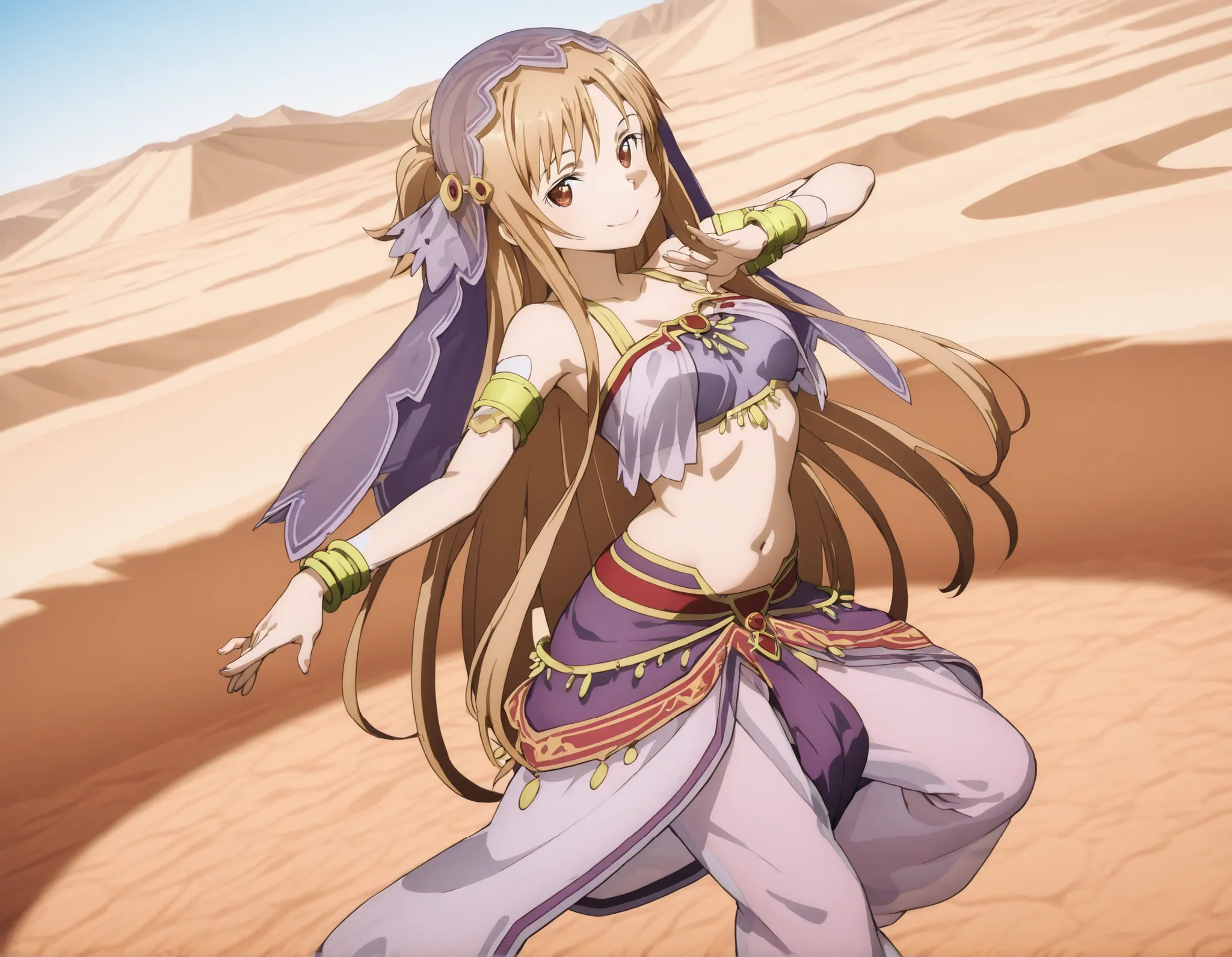 Asuna_SAO arabian clothes, dancer, , belly dancing,, veil, armlet, desert, oasis,dancing, smile,harem skirt, harem pants, belly dancing, harem veil,dancing with veils,seductive pose