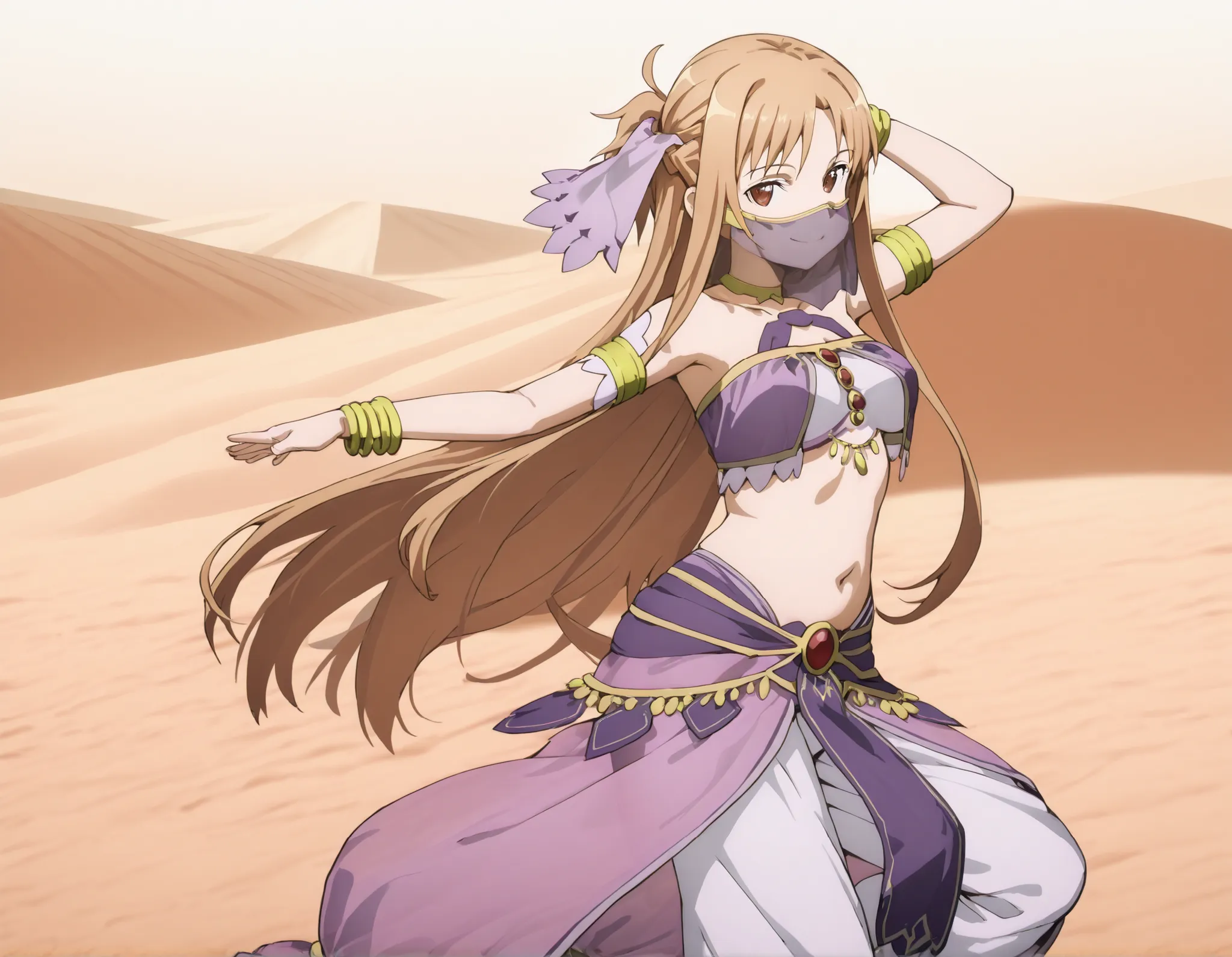 Asuna_SAO arabian clothes, dancer, , belly dancing,mouth veil, veil, armlet, desert, oasis,dancing, smile,harem skirt, harem pants, belly dancing, harem veil,dancing with veils,seductive pose