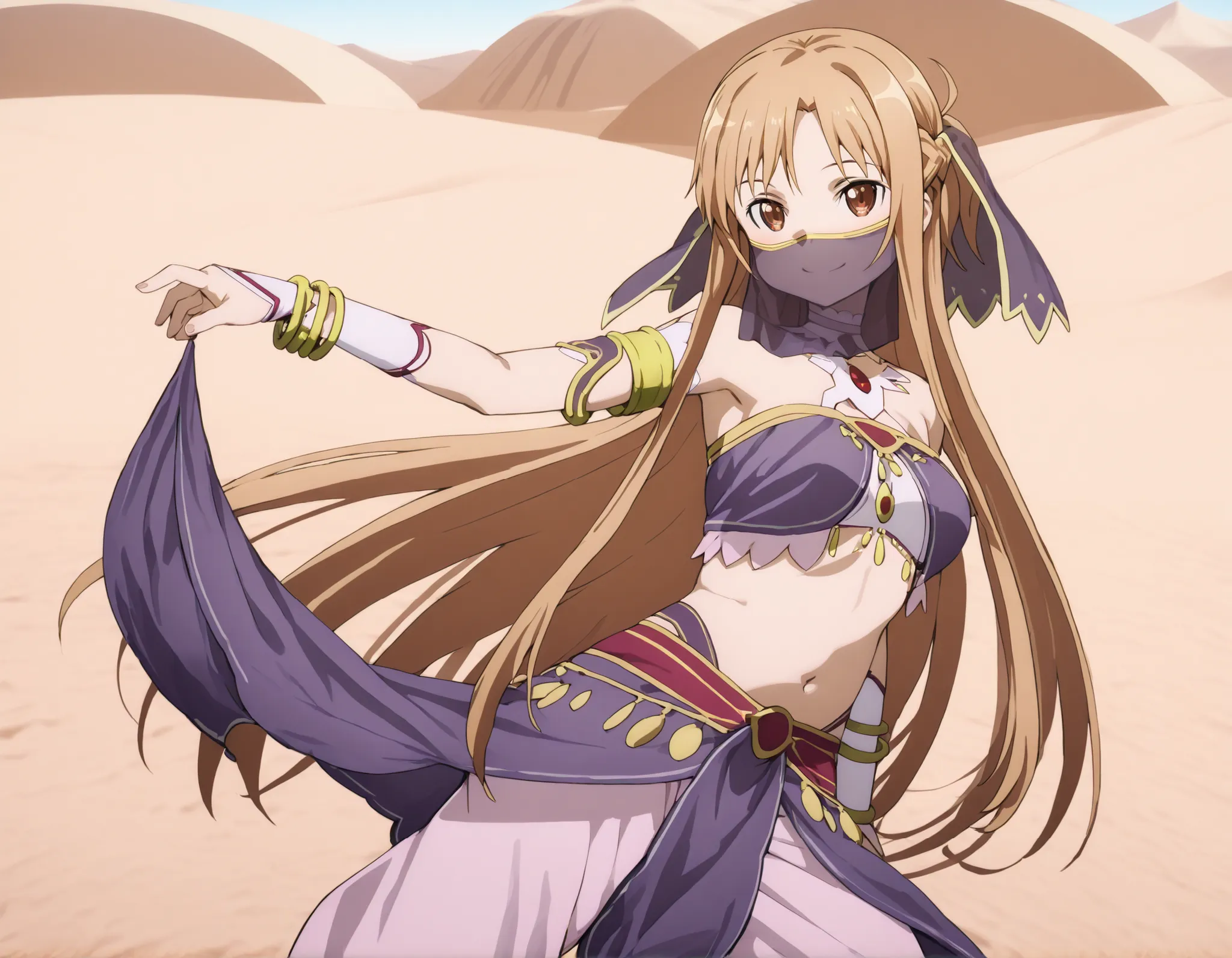 Asuna_SAO arabian clothes, dancer, , belly dancing,mouth veil, veil, armlet, desert, oasis,dancing, smile,harem skirt, harem pants, belly dancing, harem veil,dancing with veils,seductive pose