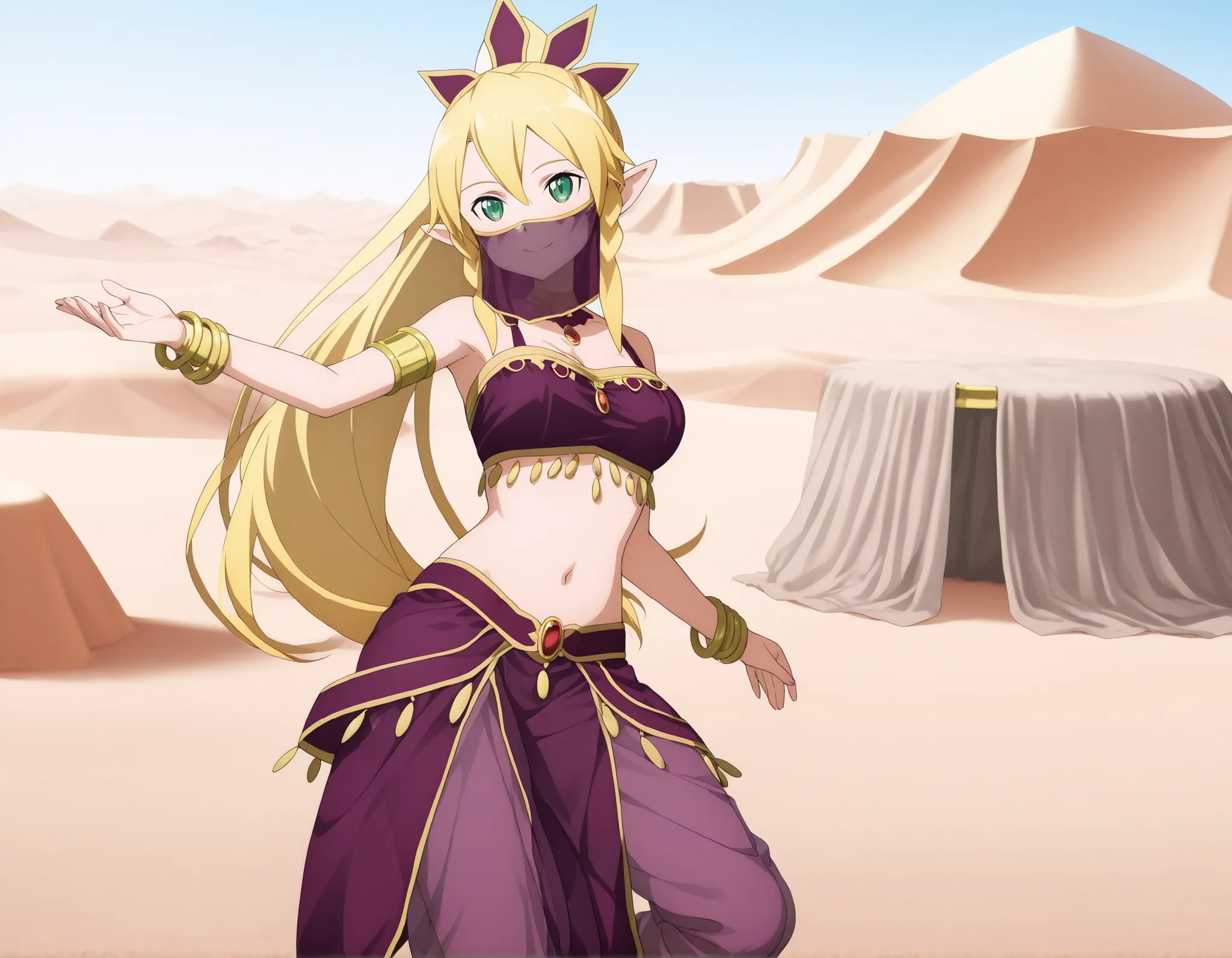 Leafa_SAO arabian clothes, dancer, , belly dancing,mouth veil, veil, armlet, desert, oasis,dancing, smile,harem skirt, harem pants, belly dancing, harem veil,dancing with veils,