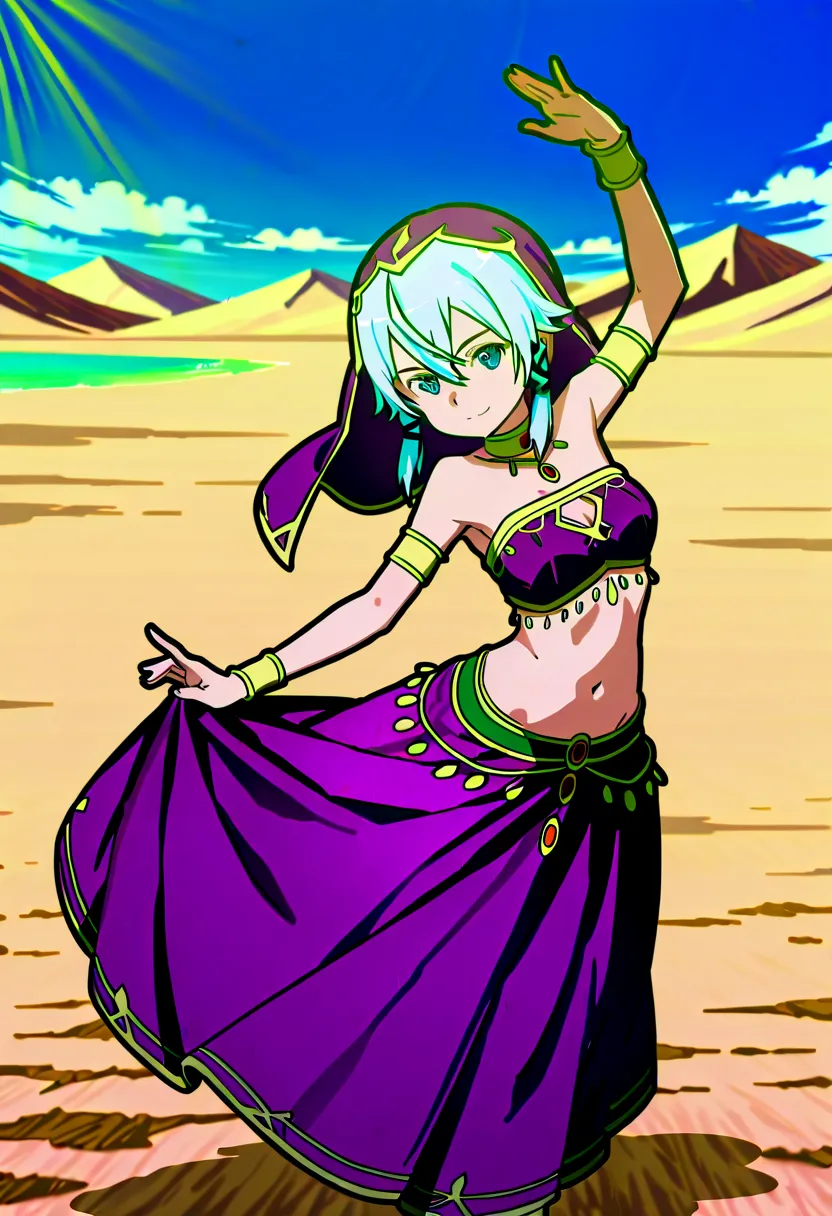 Sinon_SAO arabian clothes, dancer, , belly dancing, veil, armlet, desert, oasis, water, dancing, smile,harem skirt, harem pants, belly dancing, harem veil, harem caps, dancing with veils,