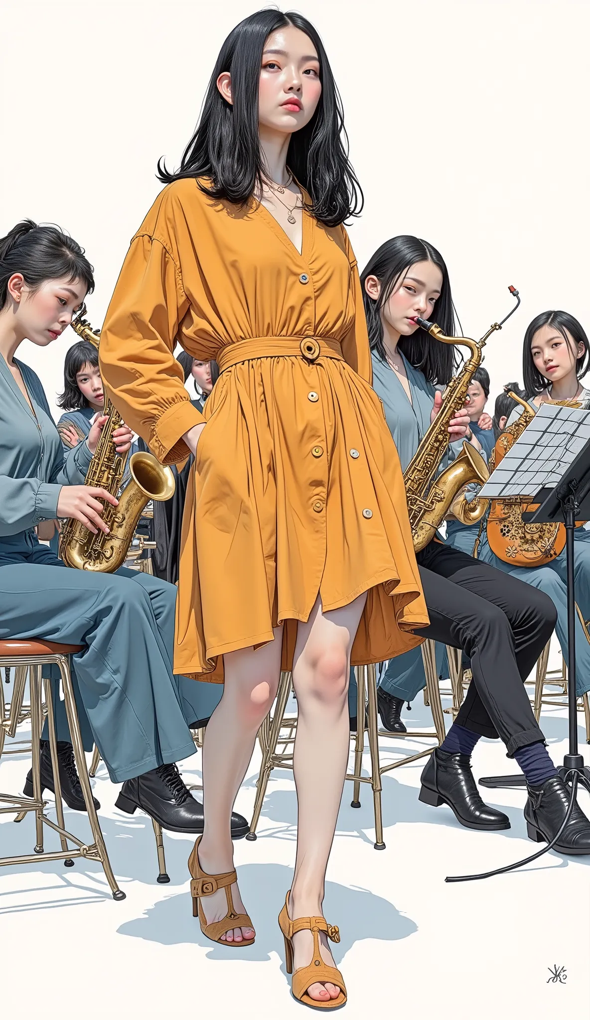 Women in an orchestra with instruments , poster art ,Screen Print Poster, graphic novel cover art, graphic details ,Advertisement Art,Poster Illustration, Illustrated poster, By Jens Sondergaard ,fashion illustration on watercolor white paper background,,c...