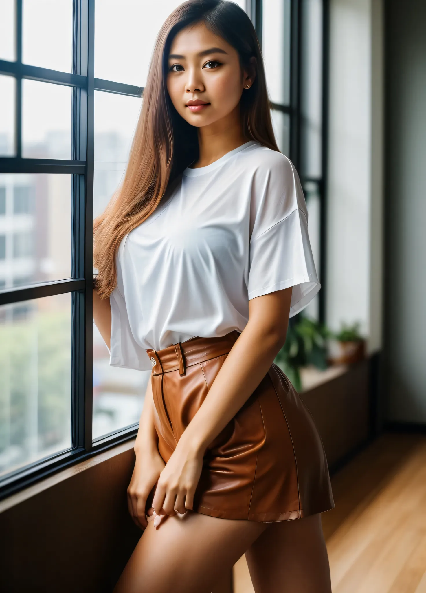 masterpiece, kualitas terbaik, ultra detail, 1 gadis, gaya kasual modern, oversized white t-shirt with premium cotton texture, black shorts highwaist, pose candid alami, leaning against a large window, minimalist studio room, natural light coming in from t...