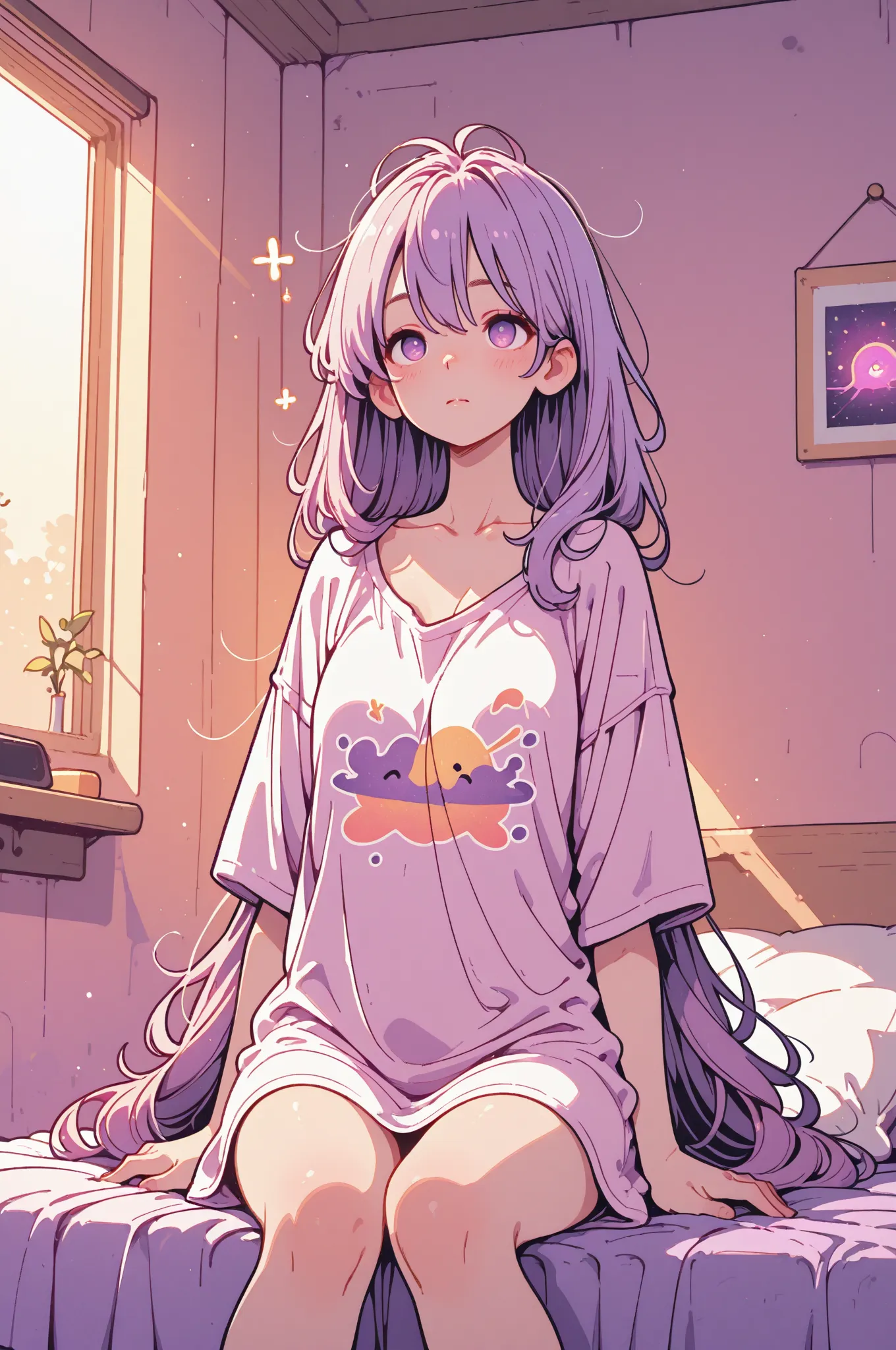 Quality as pictured, Masterpiece, Ultra High Resolution, woman with a dazed expression, oversized t-shirt, exposed collarbone, Tangled hair , dim room, Faint sunlight, bed posture, Soft Skin Texture, slumber expression, warm morning atmosphere