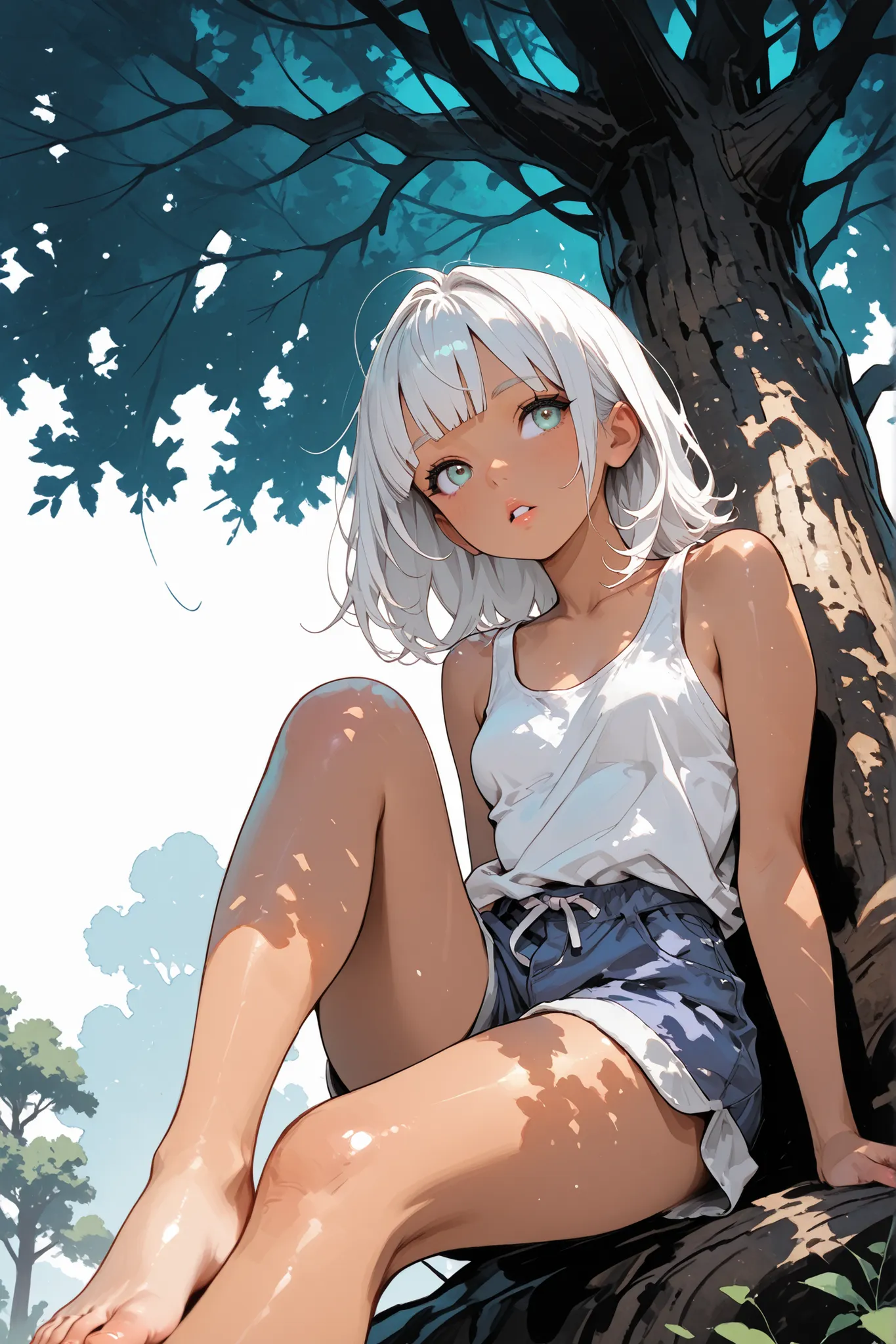 1 girl,Super Detailed,absolute resolution,(tanned skin:0.5),(dynamic angles),portrait,(pinup),worm’s-eye view,sitting,Leaning on very large tree,outstretched leg,knee up,((white loose tank top)),((untucked shirt)),blue board shorts,Bare Foot,detailed and b...