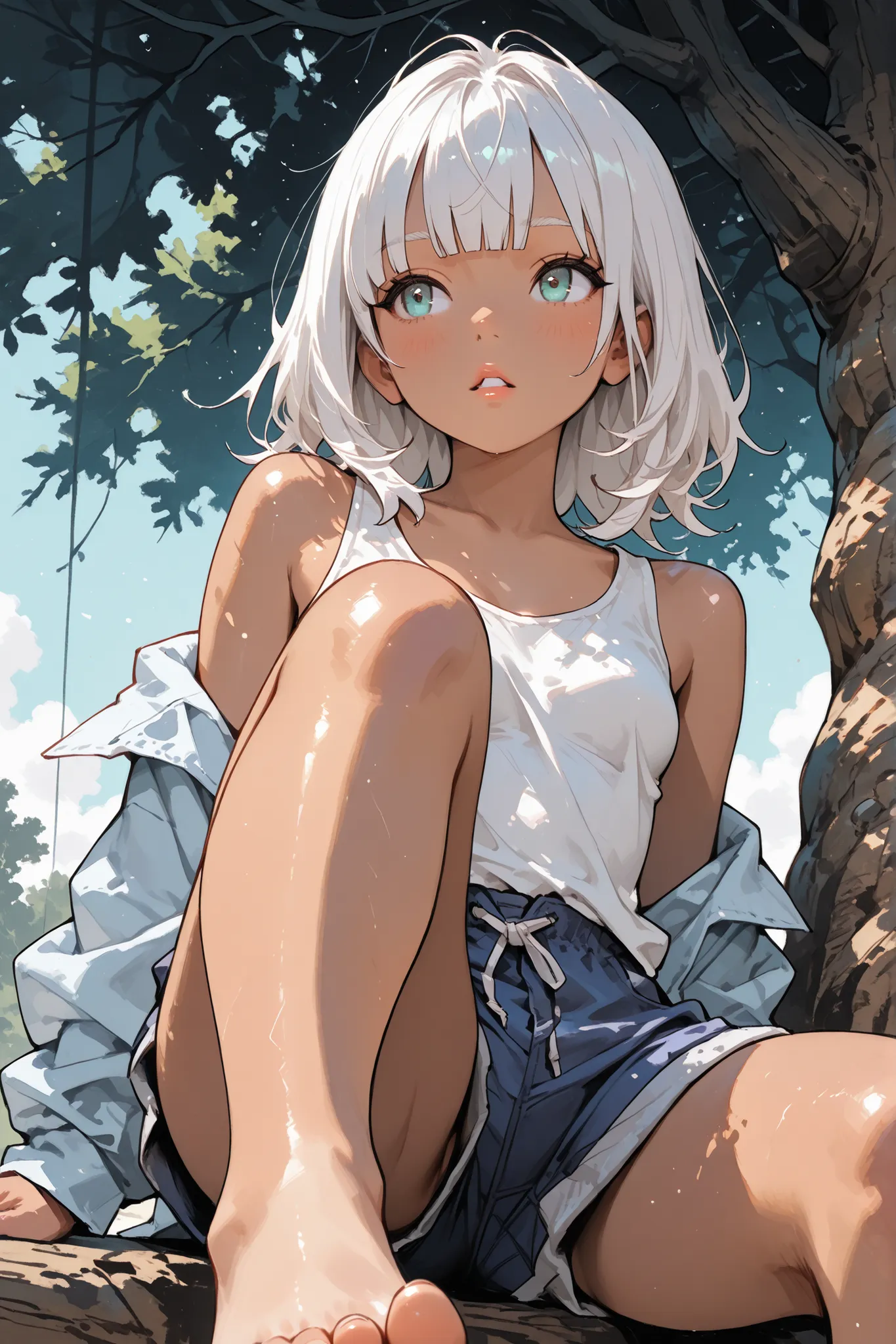 1 girl,Super Detailed,absolute resolution,(tanned skin:0.5),(dynamic angles),portrait,(pinup),worm’s-eye view,sitting,Leaning on very large tree,outstretched leg,knee up,((white loose tank top)),((untucked shirt)),blue board shorts,Bare Foot,detailed and b...