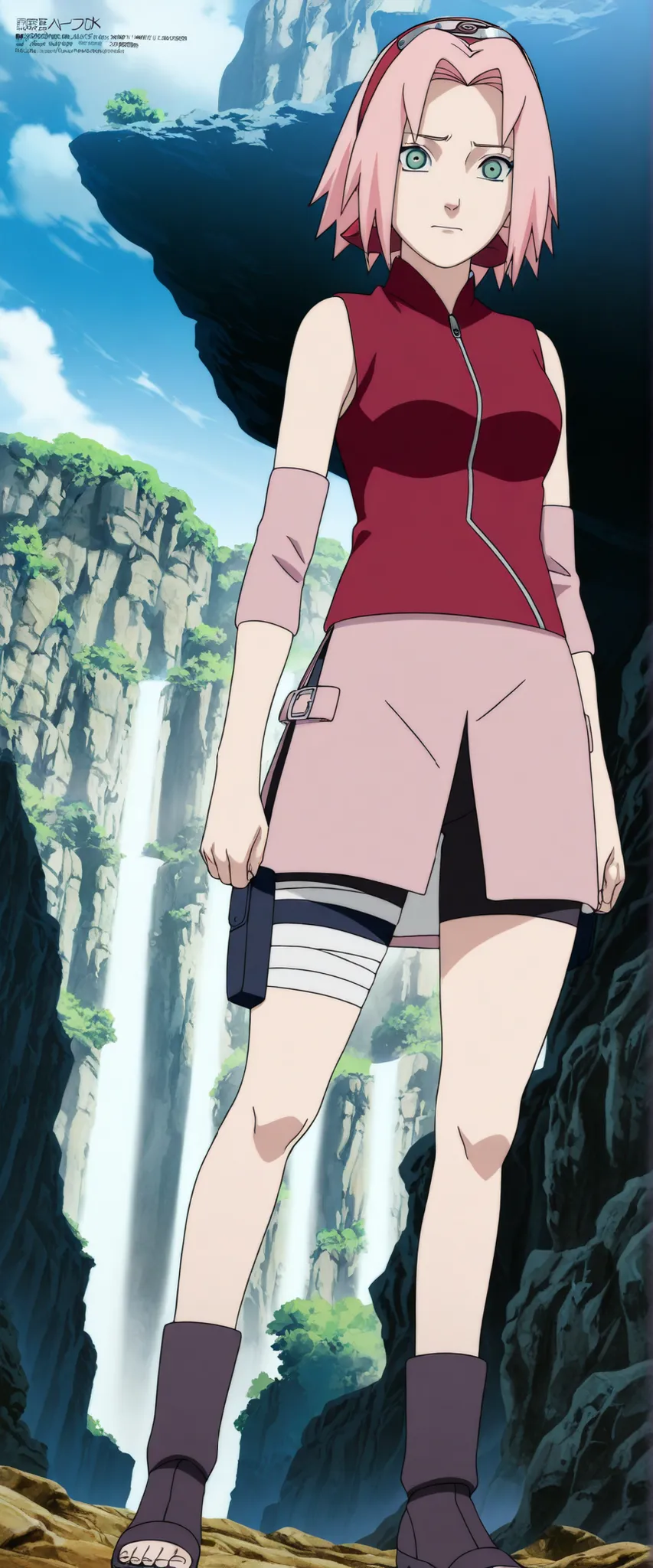 1girl,haruno sakura standing look at the viewer, BREAK pink hair, short hair, red hairband, green eyes, parted bangs, BREAK red sleeveless minidress, zipper, pink miniskirt, bandaged thigh, BREAK medium breasts, beautiful body, beautiful legs , masterpiece...
