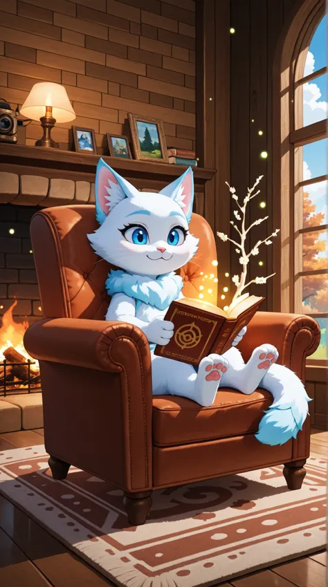 "A fluffy white cat with soft, cloud-like fur and bright blue eyes curls up in a cozy armchair, flipping through a tiny book with delicate paws. The fireplace crackles softly, casting a golden glow across the wooden walls. Shelves lined with small trinkets...