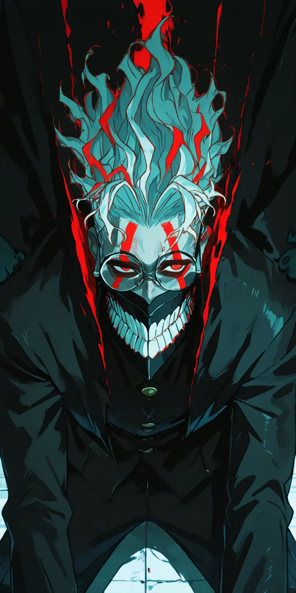 Score_9, score_8_above, score_7_above. ((Dandadan, Okarun - turbo granny form)), high schooler, Black mask with a row of tooth covering the whole mouth, black male japanese school uniform, round eye glasses, slim body, aerodynamic, artistic, dynamic pose, ...
