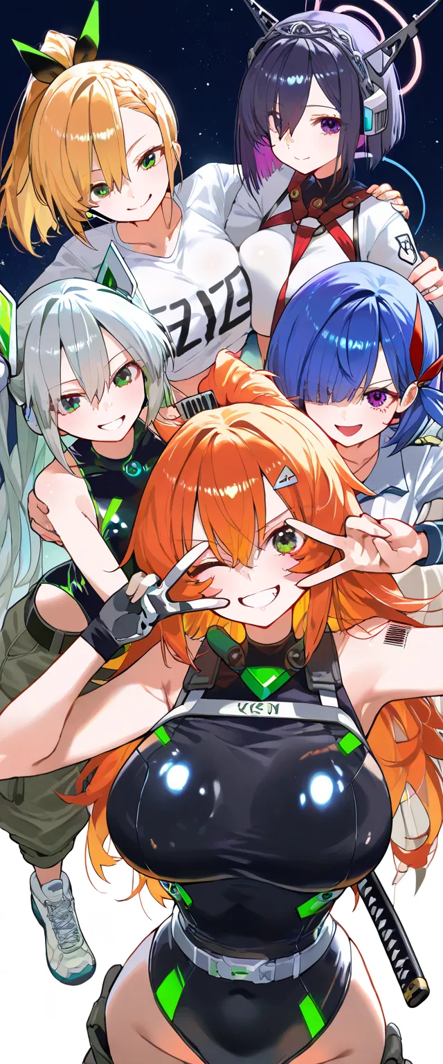 (beautiful girl : 1.3),4 girls taken,(shiny leotards,mechanical leotard,Cargo Pants,Tees,Crop Top Shirt,scouter,headgear,belt,Harness,Carrying a Japanese sword, lightsaber,Mechanical Limbs),blonde,dark haired, Silver Hair,Red hair,Blue hair, green hair,peach hair,purple hair,Orange Hair,ponytail,bob cut,twin tails,Long Hair,bun hair,Wave Hair,サイドponytail,braids,Bowl Cut,Forehead,Hair Over One Eye,hair over eyes,short asymmetrical cut,Smile Yan,reckless attitude,evil expression,provocative attitude,Keen Eyes,v over eyes,wink, in the middle,group photo,barcode tattoo on her cheek,The brilliance of Japanese swords,simple color background,Particles of Light,dynamic angle,masterpiece,top quality,Rich Contrasts,HIGH DEFINITION,8k,High Definition CG Unit Wallpaper,Textures,Incredibly Absurd,RAW pictures,Deep Border 1 .2,very detailed