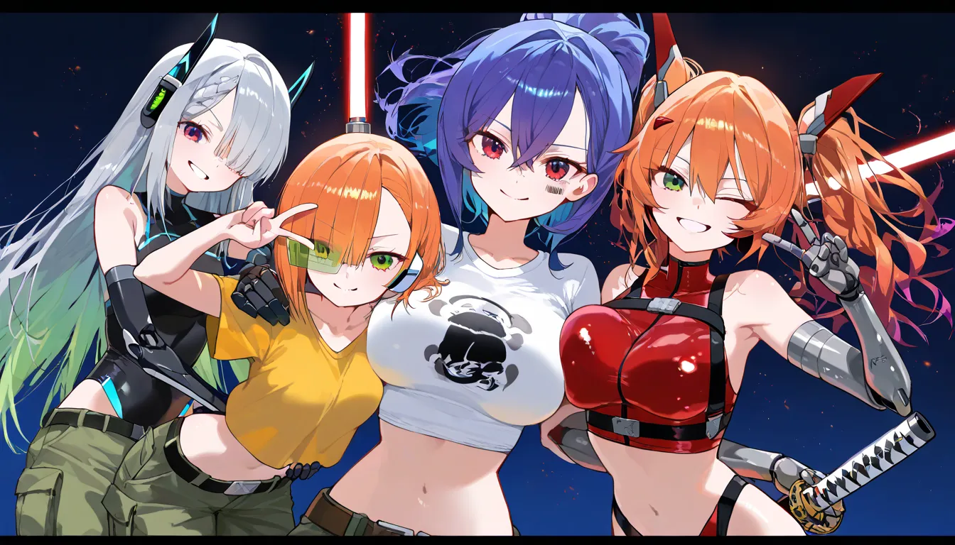 (beautiful girl : 1.3),4 girls taken,(shiny leotards,mechanical leotard,Cargo Pants,Tees,Crop Top Shirt,scouter,headgear,belt,Harness,Carrying a Japanese sword, lightsaber,Mechanical Limbs),blonde,dark haired, Silver Hair,Red hair,Blue hair, green hair,peach hair,purple hair,Orange Hair,ponytail,bob cut,twin tails,Long Hair,bun hair,Wave Hair,サイドponytail,braids,Bowl Cut,Forehead,Hair Over One Eye,hair over eyes,short asymmetrical cut,Smile Yan,reckless attitude,evil expression,provocative attitude,Keen Eyes,v over eyes,wink, in the middle,group photo,barcode tattoo on her cheek,The brilliance of Japanese swords,simple color background,Particles of Light,dynamic angle,masterpiece,top quality,Rich Contrasts,HIGH DEFINITION,8k,High Definition CG Unit Wallpaper,Textures,Incredibly Absurd,RAW pictures,Deep Border 1 .2,very detailed