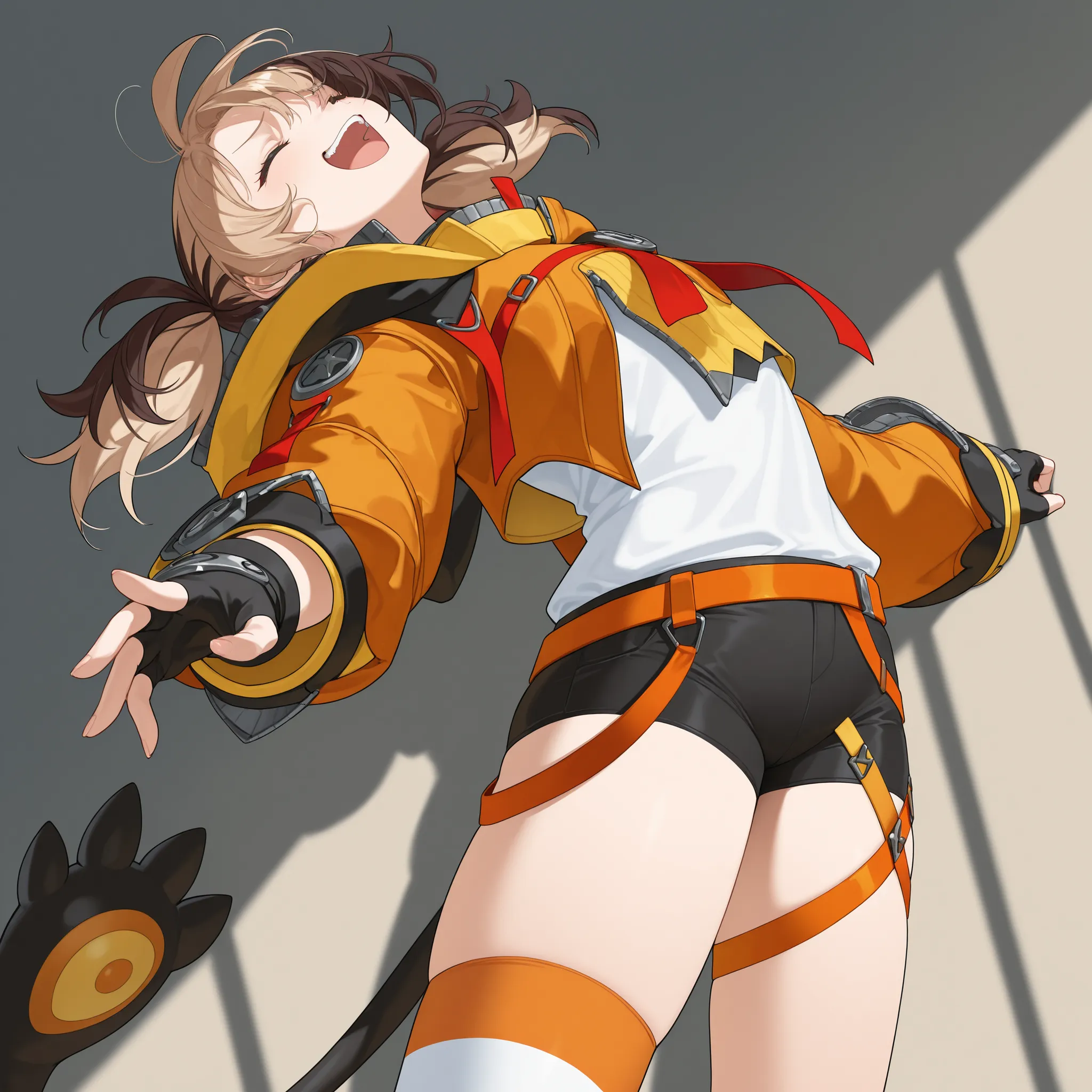 masterpiece, top quality, 1girl, solo, GigiBase , multi colored hair, short twinTails, stupid hair, Hooded Down, orange jacket, Cropped Jacket, white shirt, black gloves, fingerless gloves, orange belt, black shorts, Single Thigh High, Striped Thigh High S...