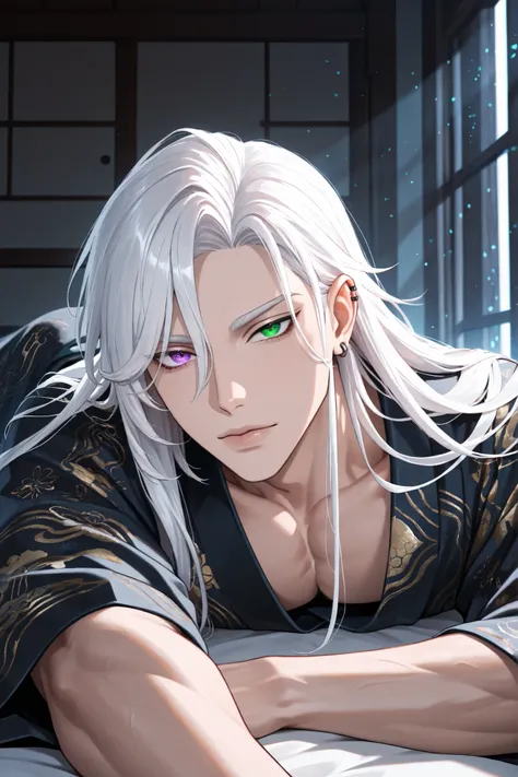 adult male, handsome, tall, finely detailed :purple and green heterochromia eyes and detailed face, puffy lips,, ((very long white hair)), more details, humanoid dragon-god, looking at the viewer, light skin, lying down on bed, detailed textures, (((male f...