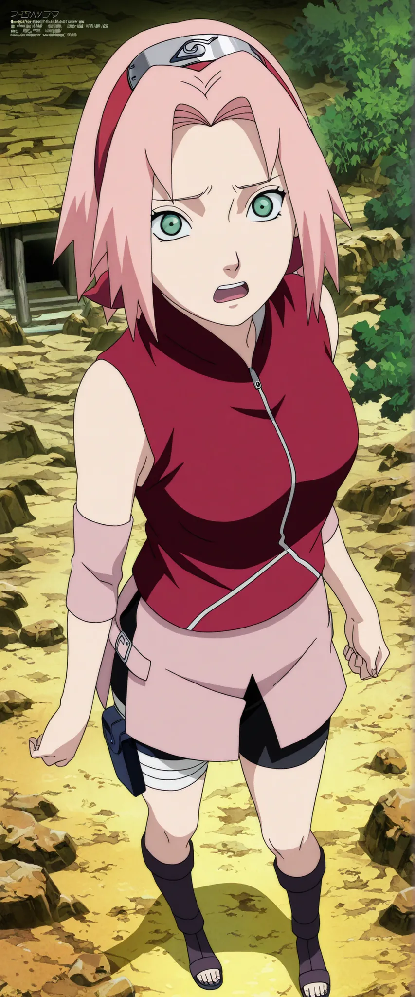 1girl,haruno sakura standing look at the viewer, BREAK pink hair, short hair, red hairband, green eyes, parted bangs, BREAK red sleeveless minidress, zipper, pink miniskirt, bandaged thigh, BREAK medium breasts, beautiful body, beautiful legs , masterpiece...