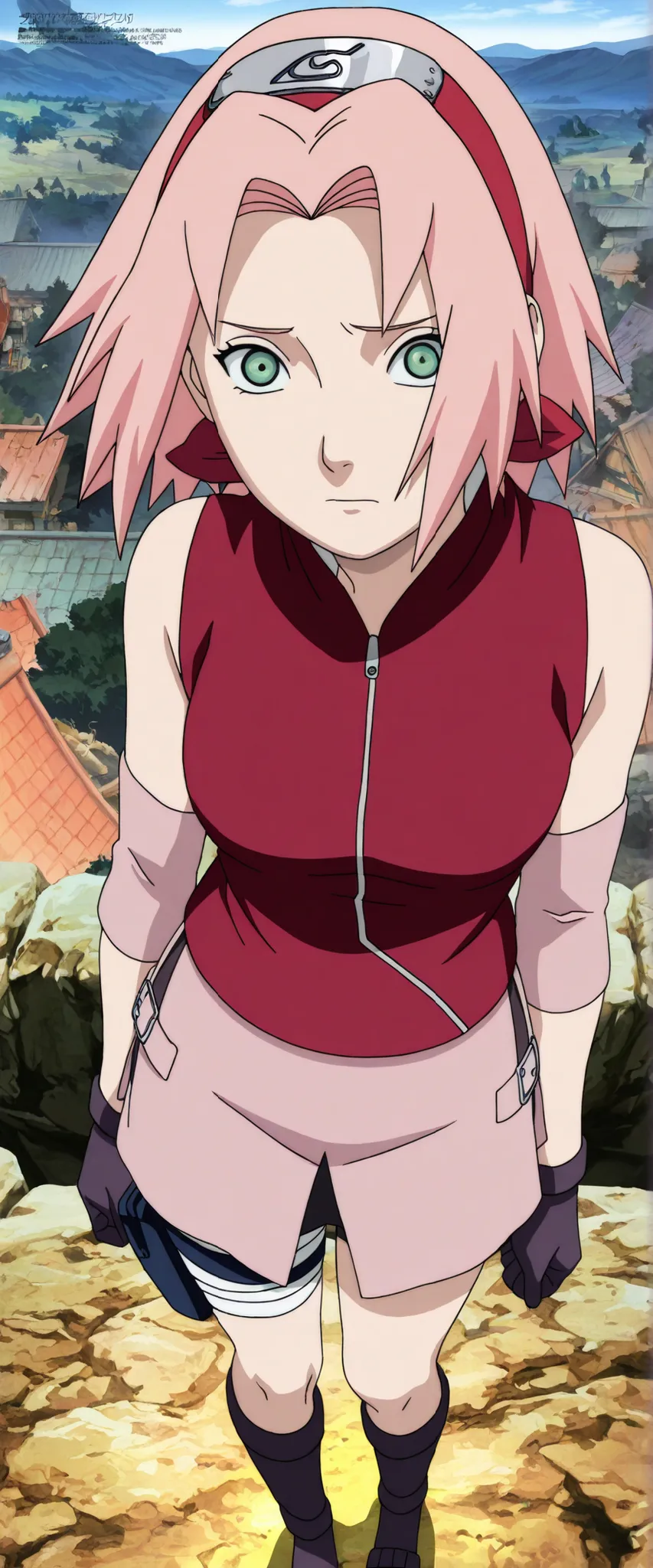 1girl,haruno sakura standing look at the viewer, BREAK pink hair, short hair, red hairband, green eyes, parted bangs, BREAK red sleeveless minidress, zipper, pink miniskirt, bandaged thigh, BREAK medium breasts, beautiful body, beautiful legs , masterpiece...