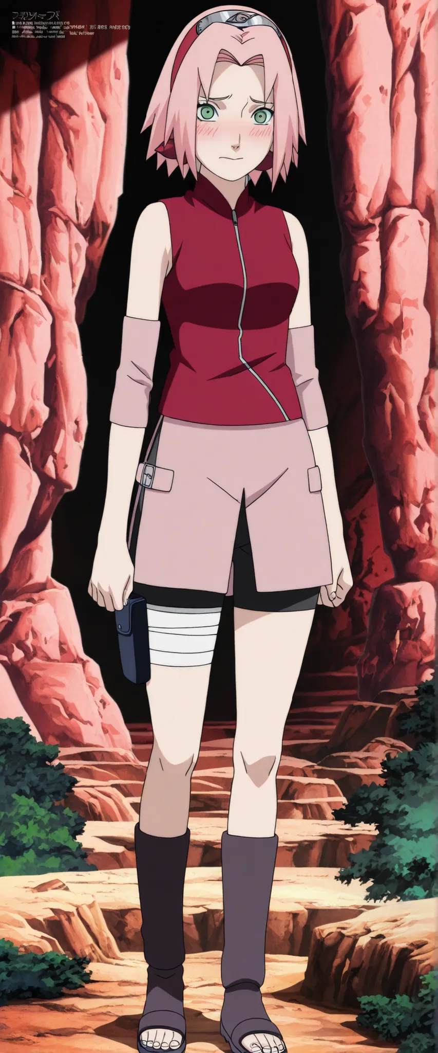 1girl,haruno sakura standing look at the viewer, BREAK pink hair, short hair, red hairband, green eyes, parted bangs, BREAK red sleeveless minidress, zipper, pink miniskirt, bandaged thigh, BREAK medium breasts, beautiful body, beautiful legs , masterpiece...