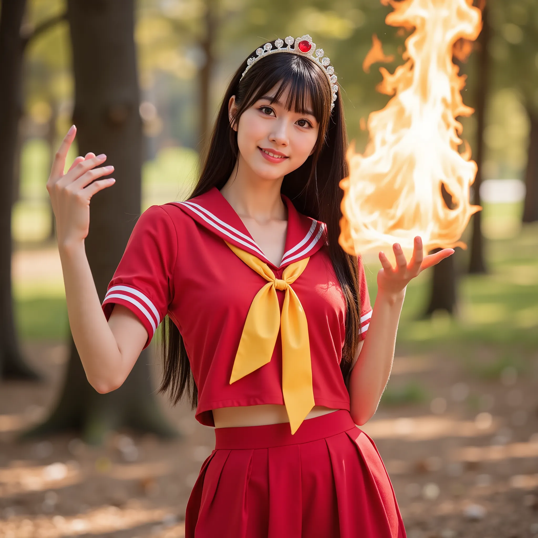   1 person, ((solo)), cute face, black hair, (long hair), images of wizards, Slim and Slender Body, Surrealism, ((Top Japanese Idols in Red Sailor Suits Are Casting Fire Spells)), (((red skirt))), Elbow pads, Tiara, Red sailor suit color, yellow ribbon,  g...
