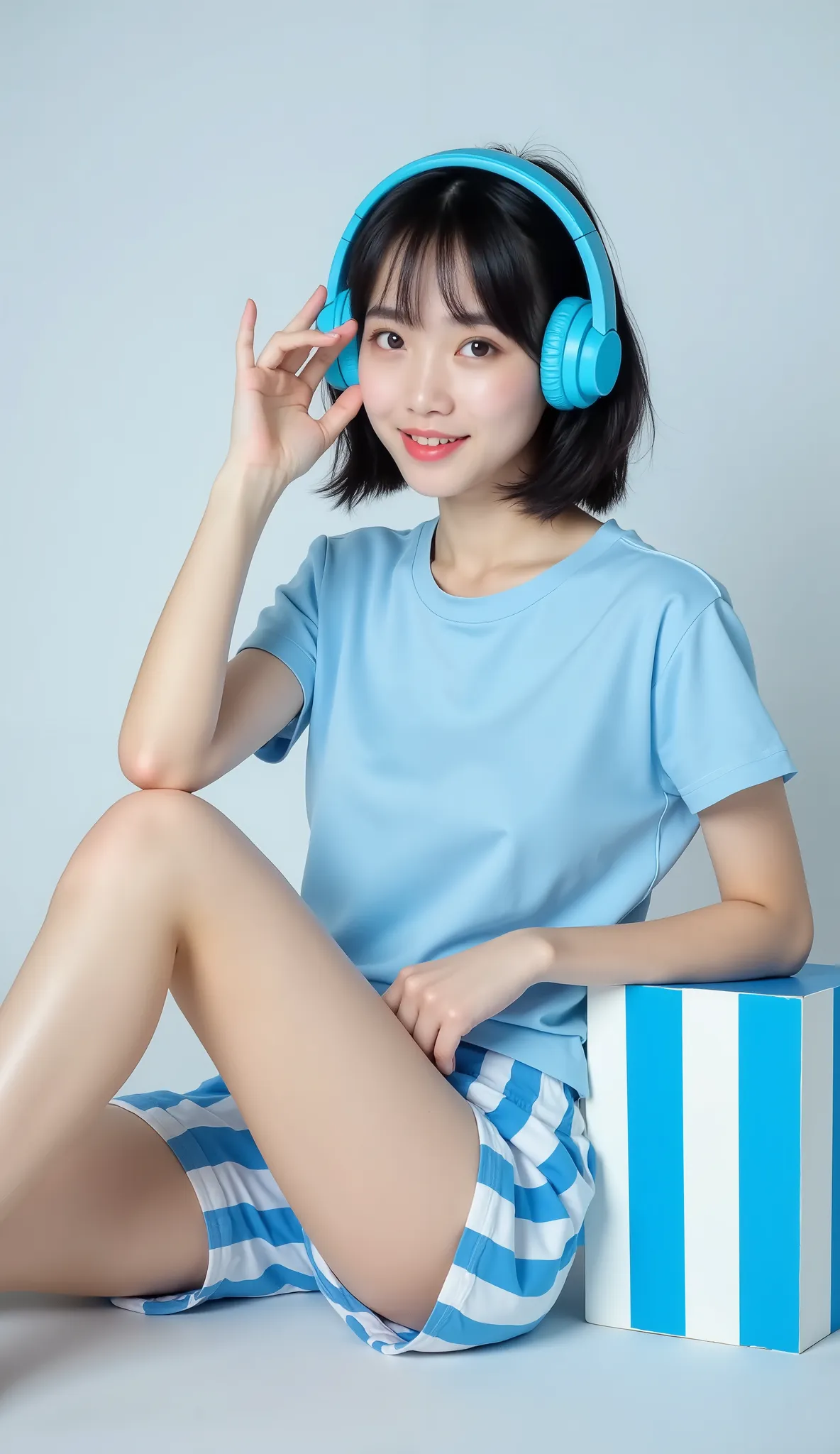  A cute Korean-style Thai model, a young Asian woman with short black hair, wearing a light blue t-shirt and blue and white striped shorts, sitting on the floor leaning against a blue and white striped block, with large bright blue headphones on her head, ...