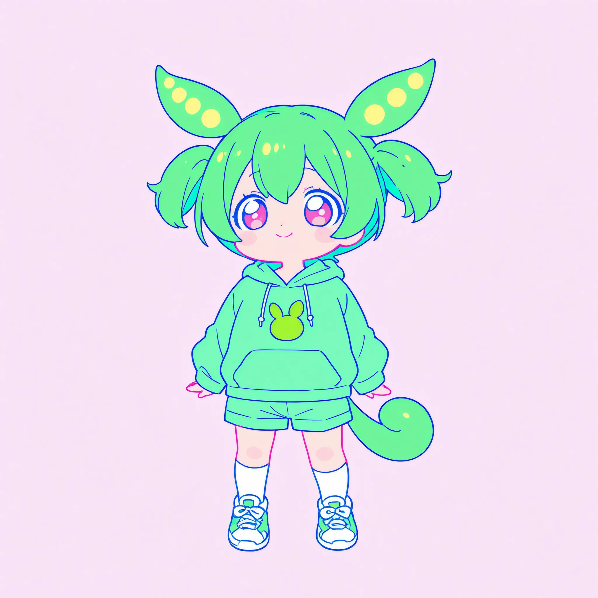 Sakamoto Metan style, anime illustration, soft lighting, colorful, pastel tone, round cheeks, clean lineart, glossy eyes, cute, kawaii, chibi style, light background
toddler Zundamon, front-facing, full body, standing pose, green twin-tails tied with yello...