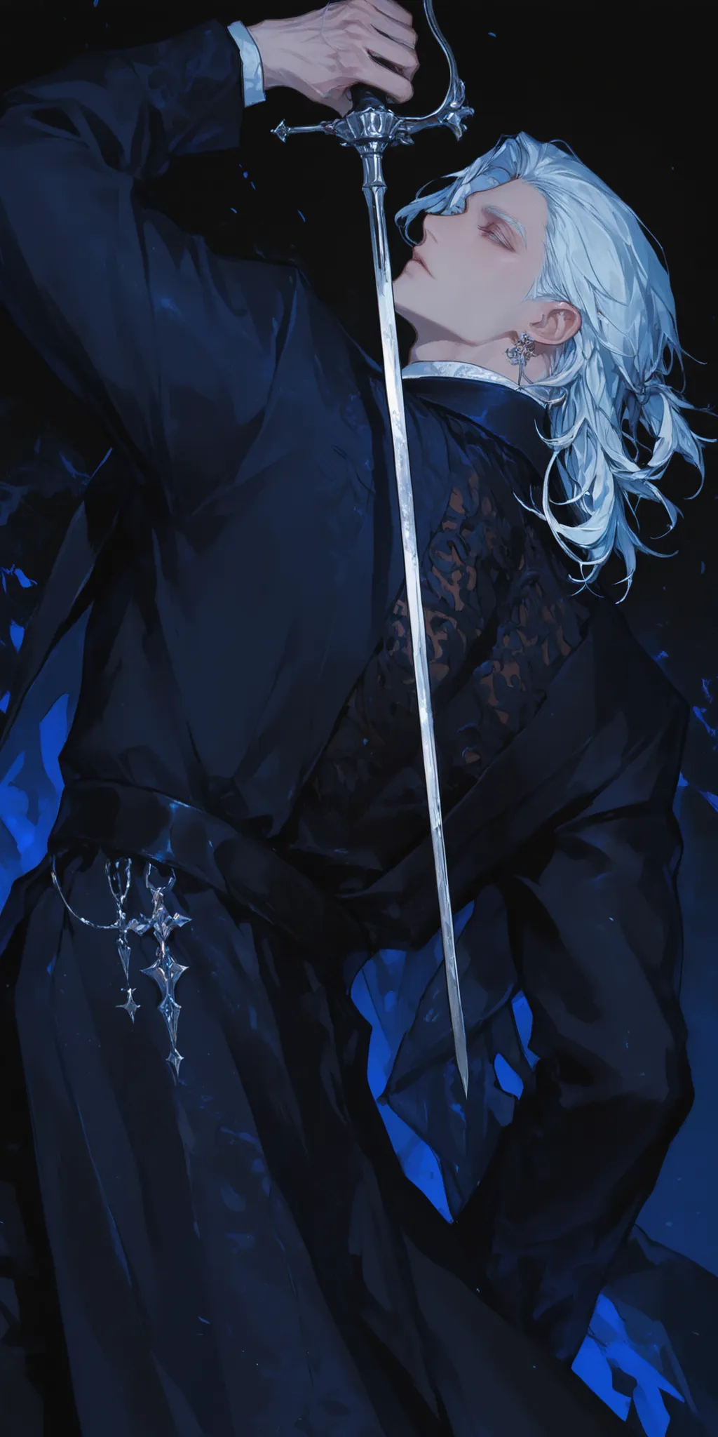 Score_9, score_8_above, score_7_above. Male swordsman, handsome, elegant, using a fencing sword with intricate design, mid fantasy theme, white hair with loose long back end, blue and black long coat with intricate and elegant design, dynamic pose, dynamic...