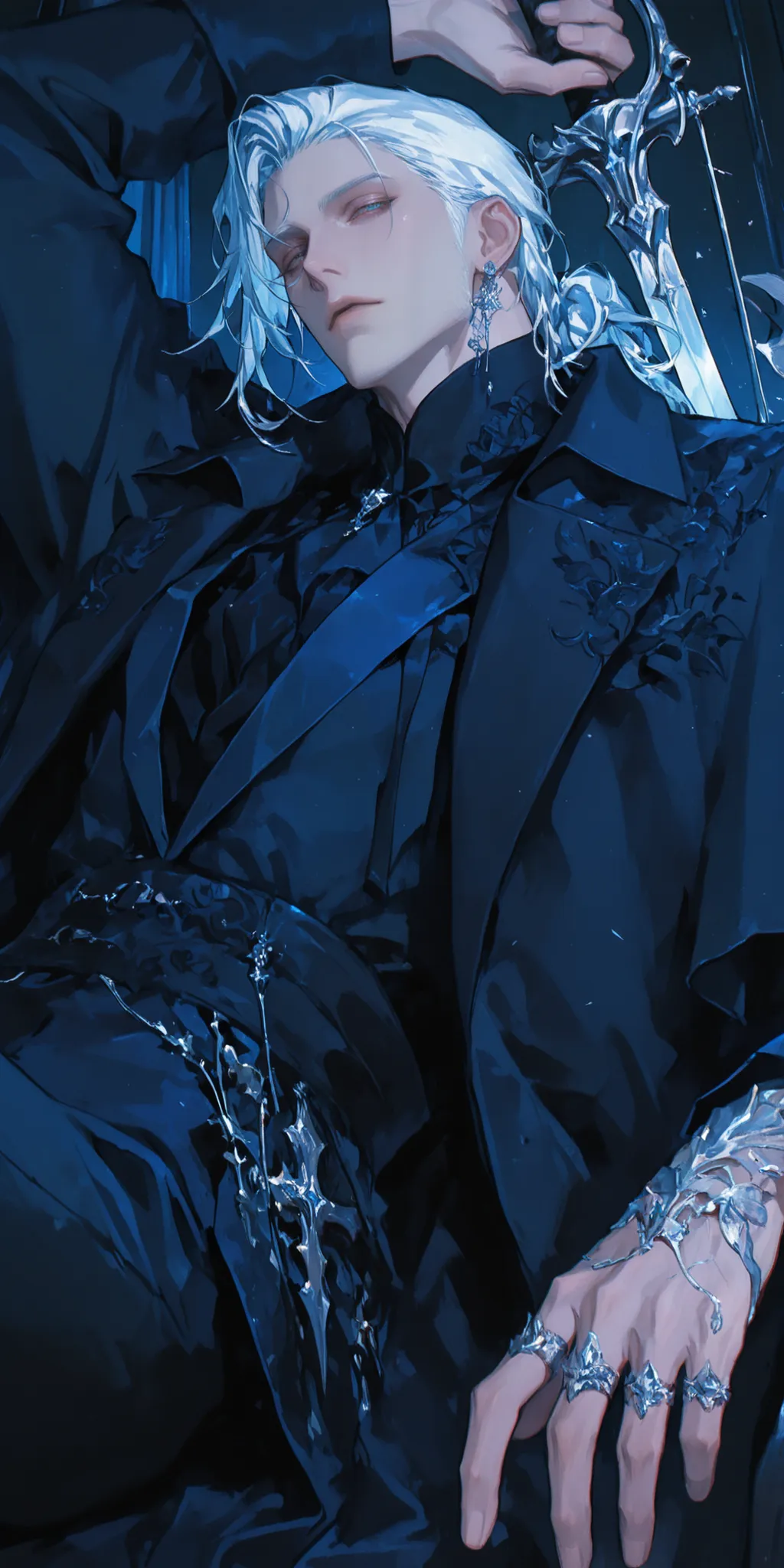Score_9, score_8_above, score_7_above. Male swordsman, handsome, elegant, using a fencing sword with intricate design, mid fantasy theme, white hair with long untied back-end, blue and black long coat with intricate and elegant design, dynamic pose, dynami...