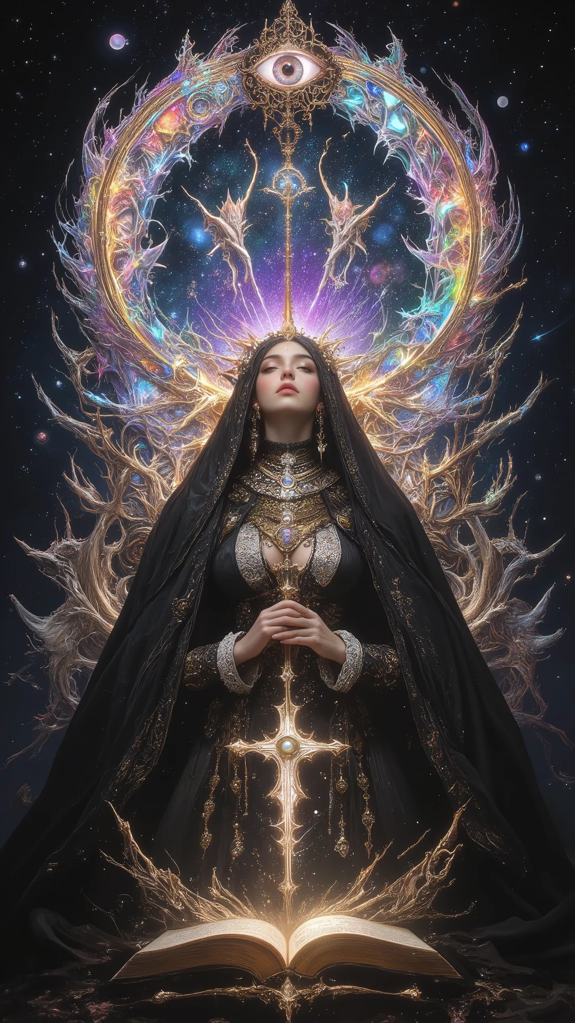 Surreal Painting,  An extravagant, mysterious female figure dressed in intricately embroidered black and white medieval clothing that fits her form perfectly , A jeweled rosary necklace with a large crucifix rests on her shoulder,Allusions to a historical ...