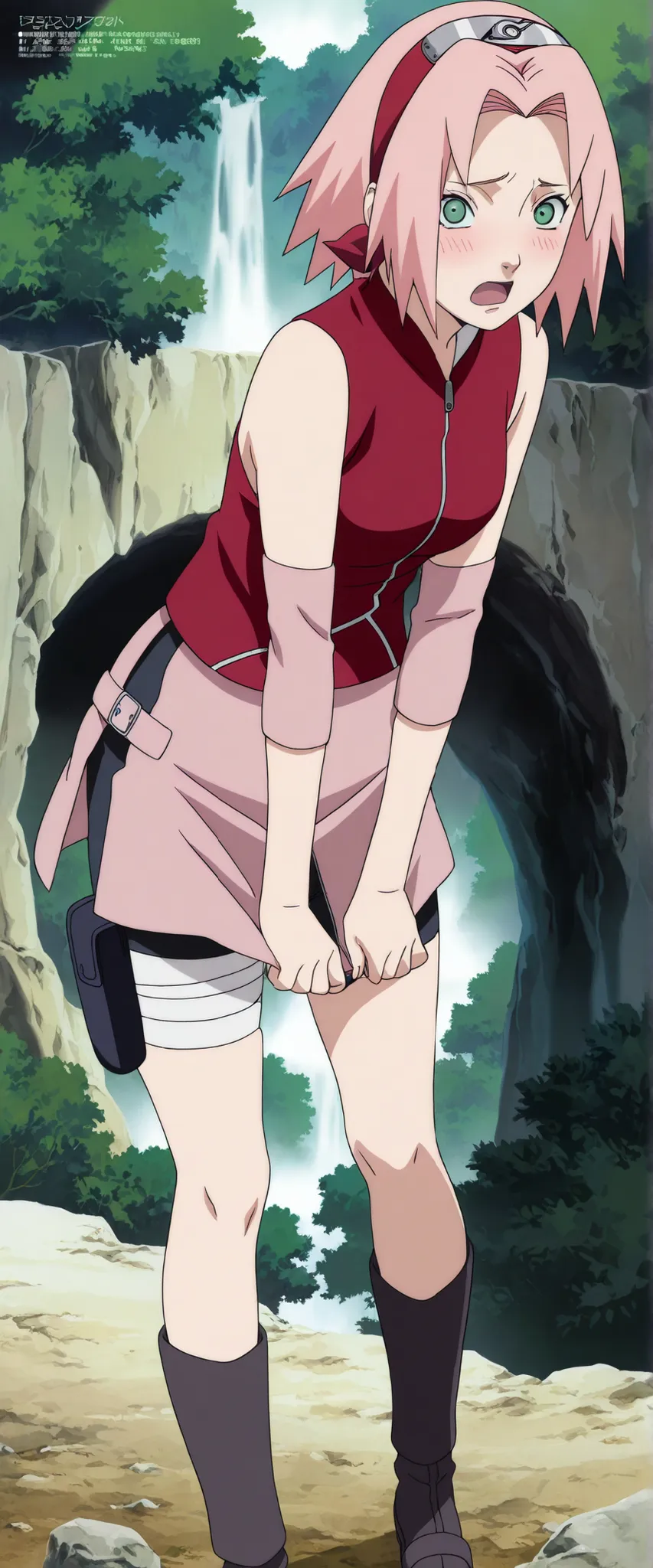 1girl,haruno sakura standing look at the viewer, BREAK pink hair, short hair, red hairband, green eyes, parted bangs, BREAK red sleeveless minidress, zipper, pink miniskirt, bandaged thigh, BREAK medium breasts, beautiful body, beautiful legs , masterpiece...
