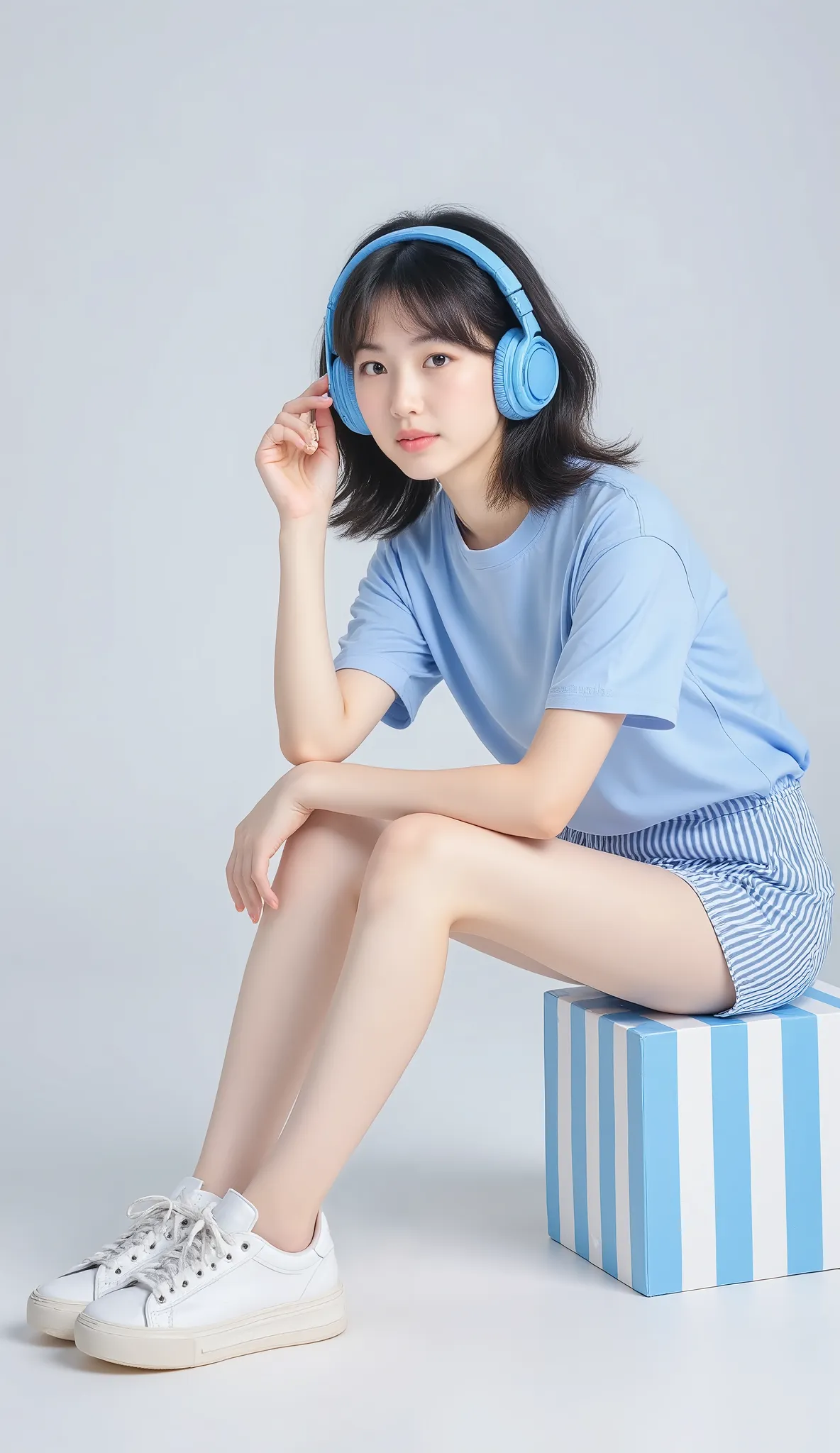  A cute Korean-style Thai model, a young Asian woman with short black hair, wearing a light blue t-shirt and blue and white striped shorts, sitting on the floor leaning against a blue and white striped block, with large bright blue headphones on her head, ...
