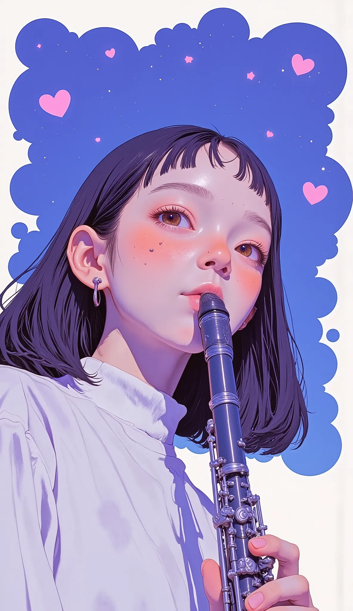 A woman playing a clarinet , poster art ,Screen Print Poster, graphic novel cover art, graphic details ,Advertisement Art,Poster Illustration, Illustrated poster, By Jens Sondergaard ,fashion illustration on watercolor white paper background,anime「Looking ...
