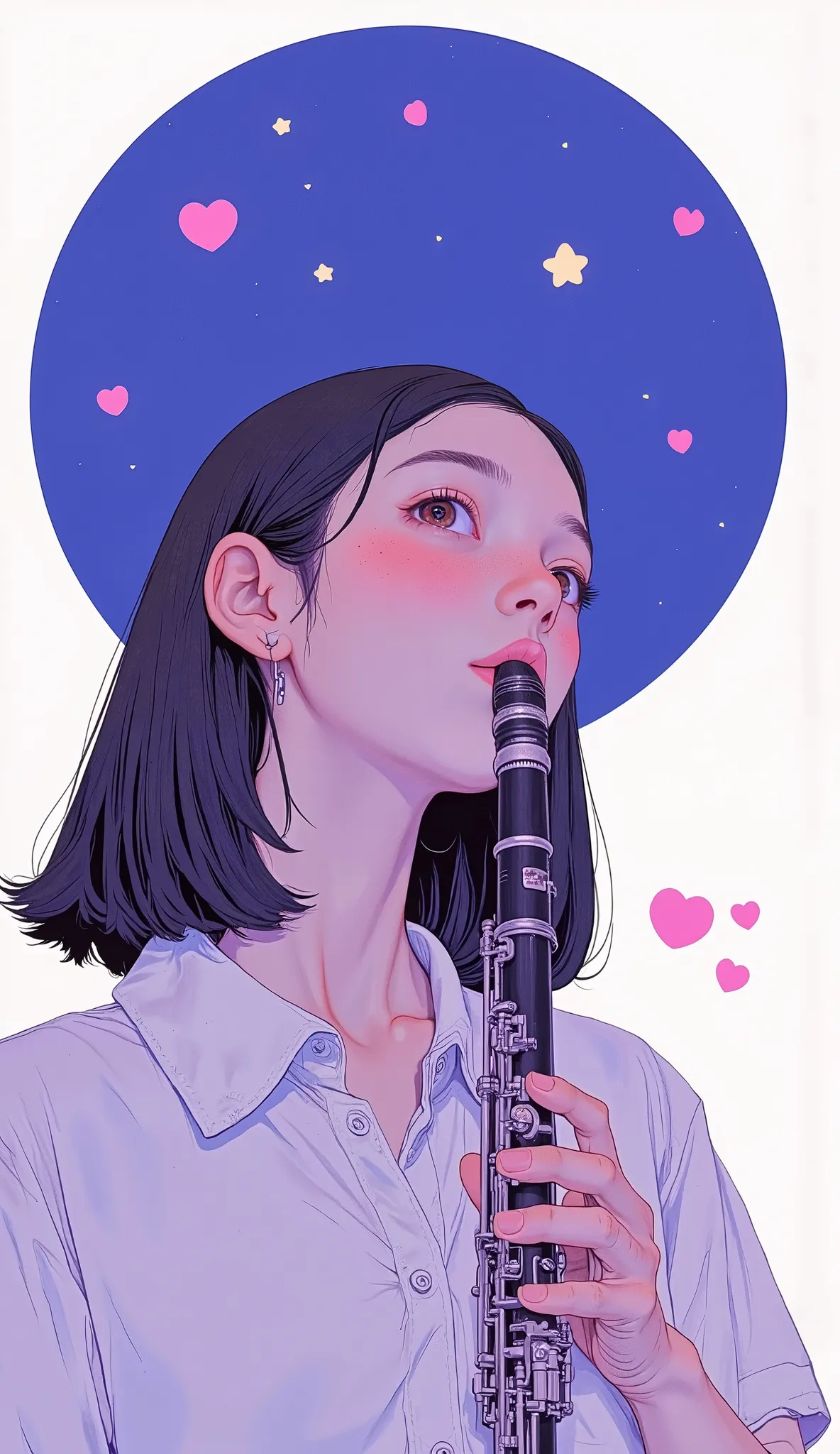 A woman playing a clarinet , poster art ,Screen Print Poster, graphic novel cover art, graphic details ,Advertisement Art,Poster Illustration, Illustrated poster, By Jens Sondergaard ,fashion illustration on watercolor white paper background,anime「Looking ...