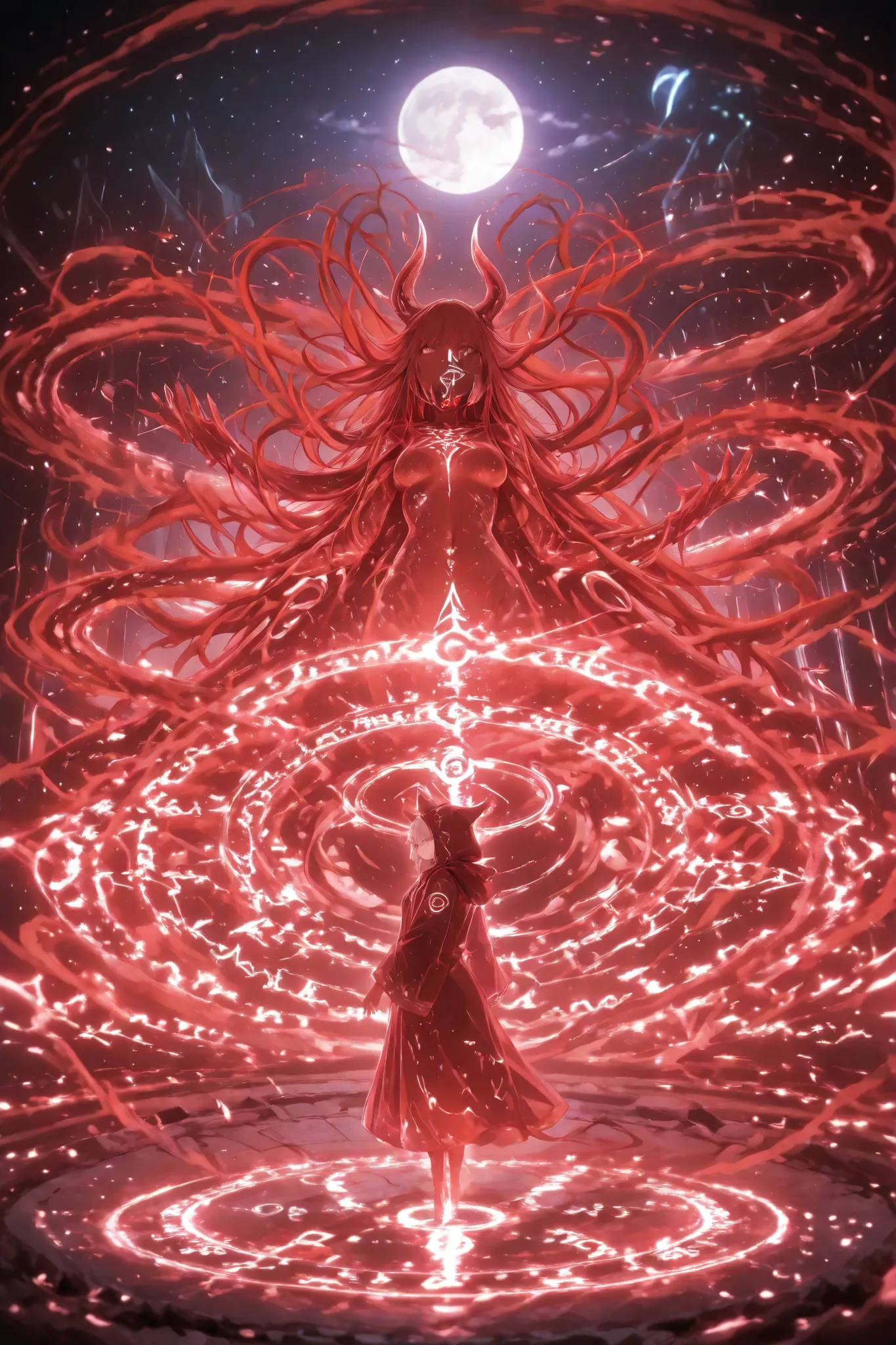 A dark, futuristic ritual scene on an alien planet. Two mysterious figures in hooded space robes stand within a glowing, high-tech summoning circle etched into the rocky ground. The sky is filled with swirling cosmic clouds, distant stars, and a cracked mo...