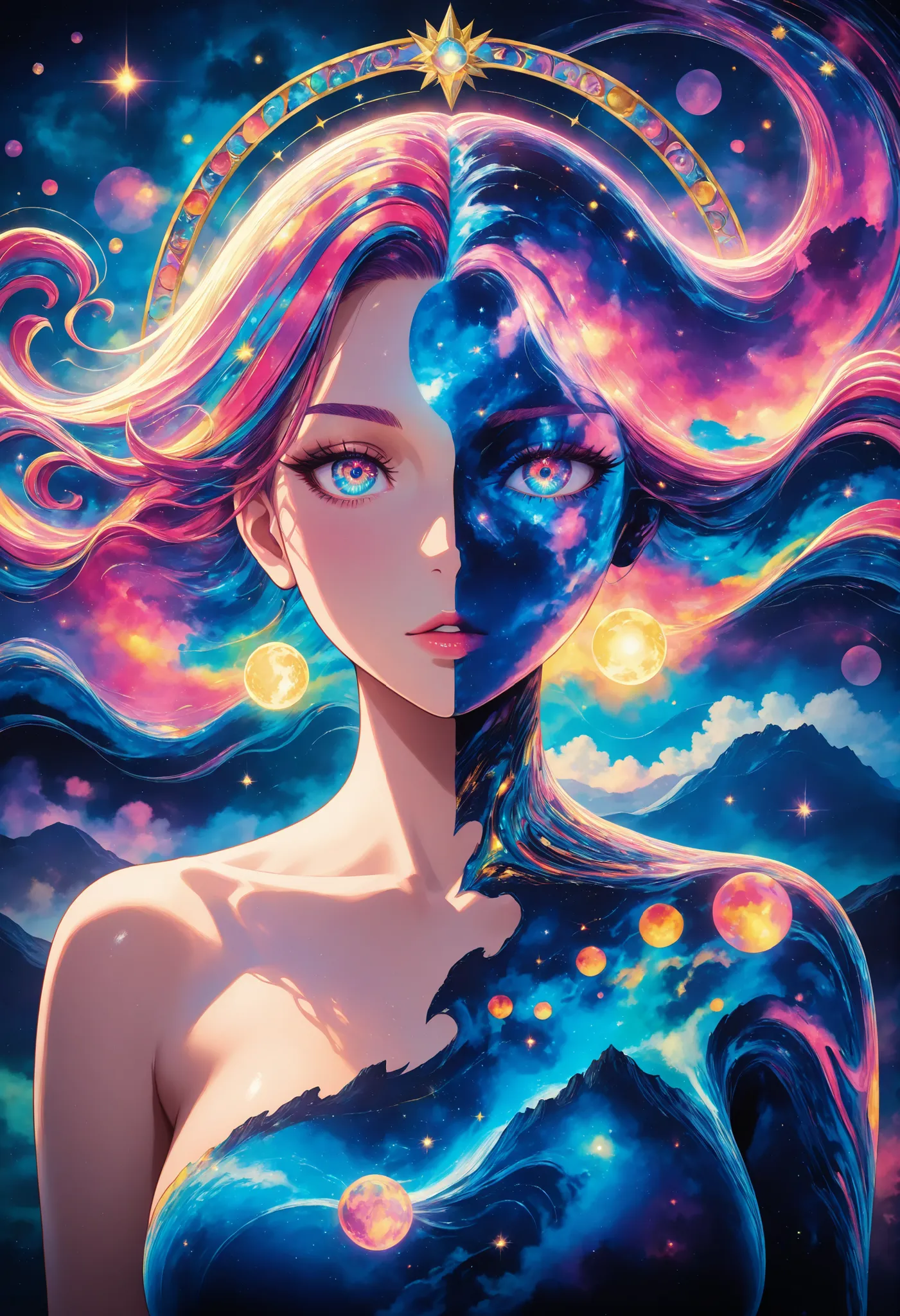 br_art,masterpiece,最High Quality,great quality,Newest,very aesthetic,upper body,1girl,psychedelic,Fantasy painting ,very detailed,Masterpiece,hyper-realistic,Ultra High Resolution,Surrealistic,4K,High Quality,High Dynamic Range,Studio Lighting,bright color...