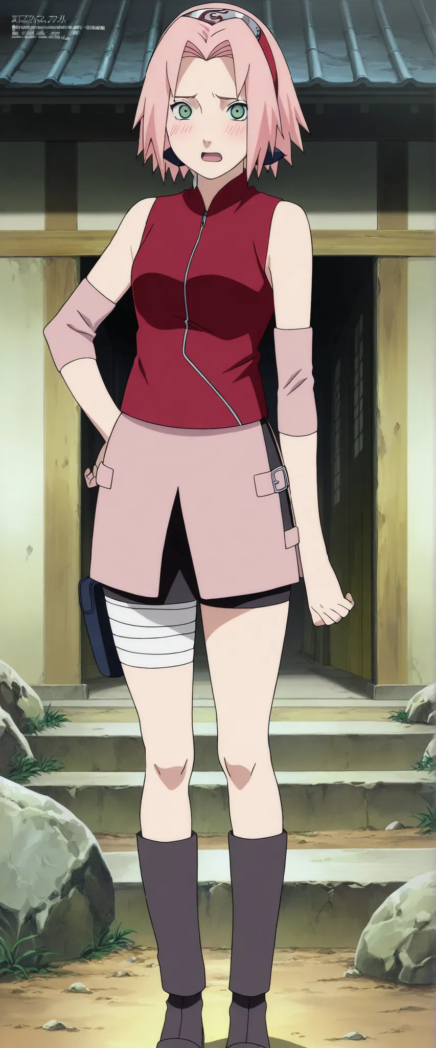 1girl,haruno sakura standing look at the viewer, BREAK pink hair, short hair, red hairband, green eyes, parted bangs, BREAK red sleeveless minidress, zipper, pink miniskirt, bandaged thigh, BREAK medium breasts, beautiful body, beautiful legs , masterpiece...