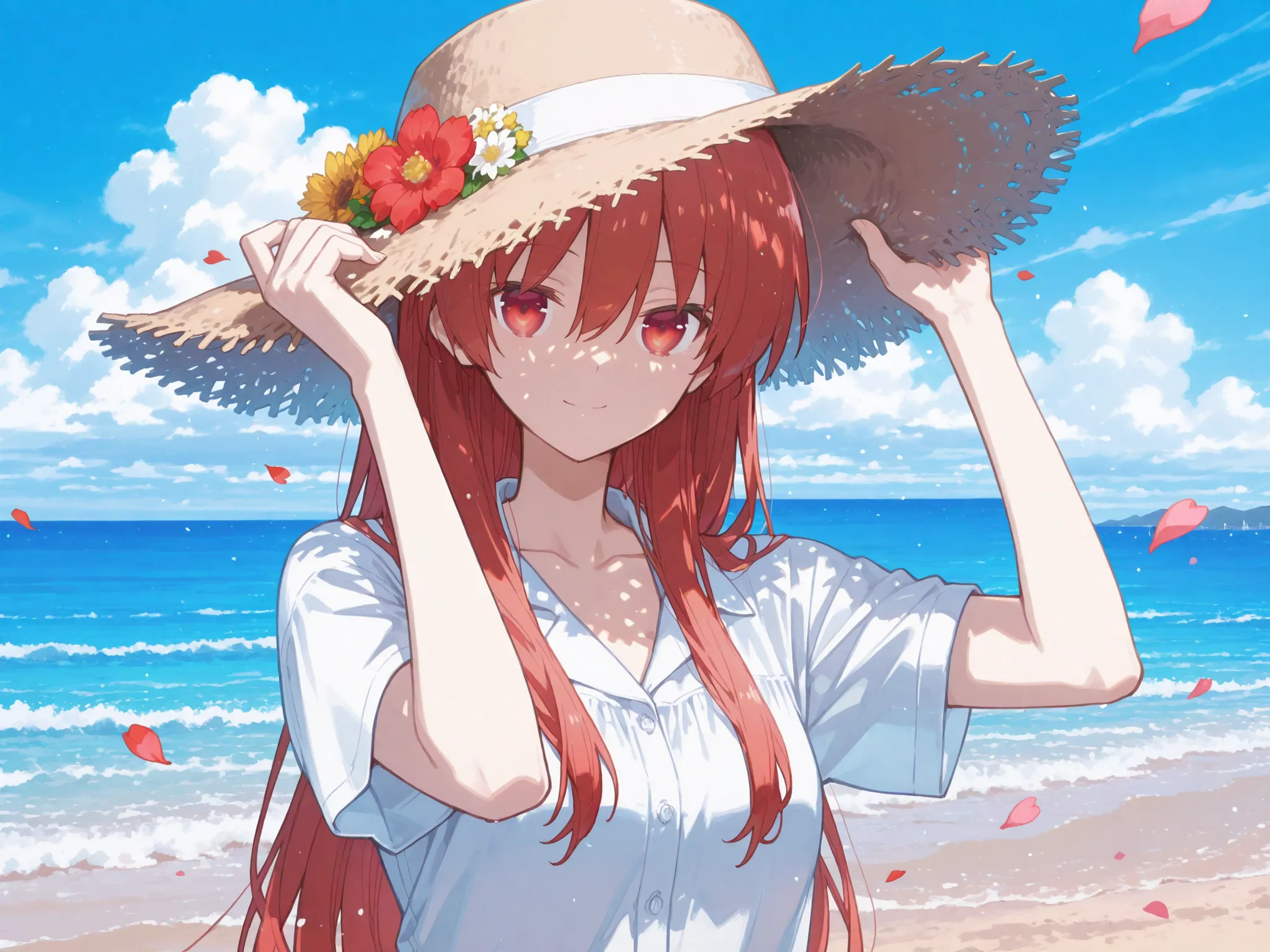 tsukasa_yuzaki, red hair, red eyes, long hair, hair between eyes, bangs,1girl, solo, long hair, looking at viewer, smile, shirt, hat, hair between eyes, closed mouth, collarbone, white shirt, upper body, flower, short sleeves, outdoors, sky, day, cloud, ar...