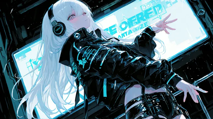 (One Woman :1.3)、one beautiful woman dressed like an ant、Dynamic、White long hair、cyber jacket、Cyber Pants、headphones, Song、amazing、top quality,cyber world with machines,amazing、Moving Poses、fantastic、outstretched hand、 rapper