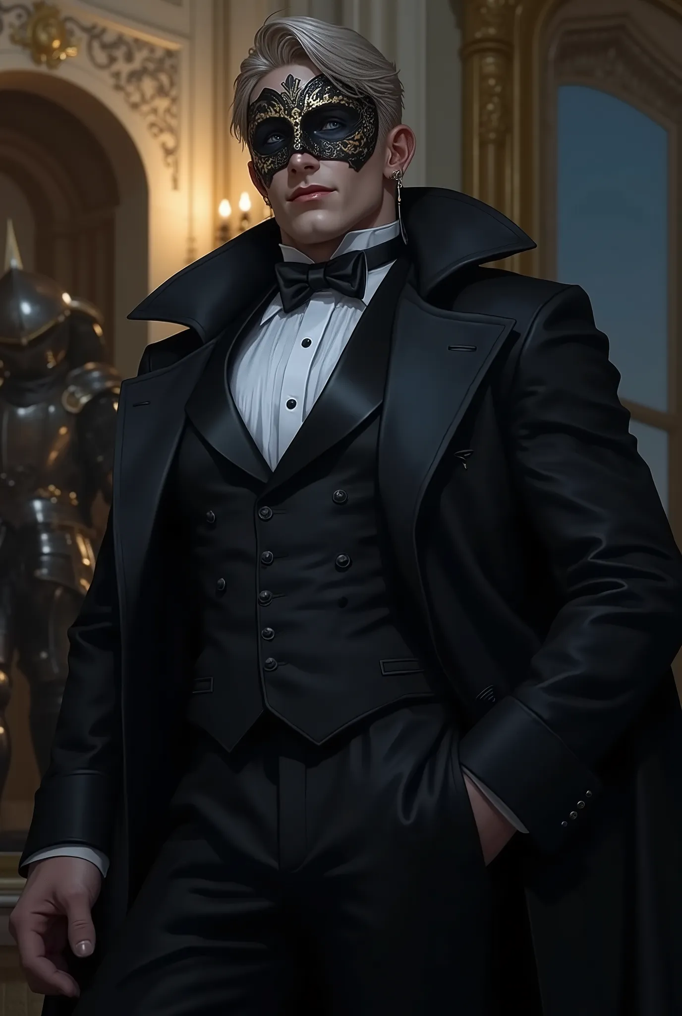 (masterpiece, Photorealistic:1.4, hyperrealistic, 8 k), powerful, muscular man, 37 years old, high (height 190), Caucasian appearance, blond, almond shaped blue eyes, square jaw, pale skin, slightly marbled , like a vampire. Venetian carnival mask on hi...