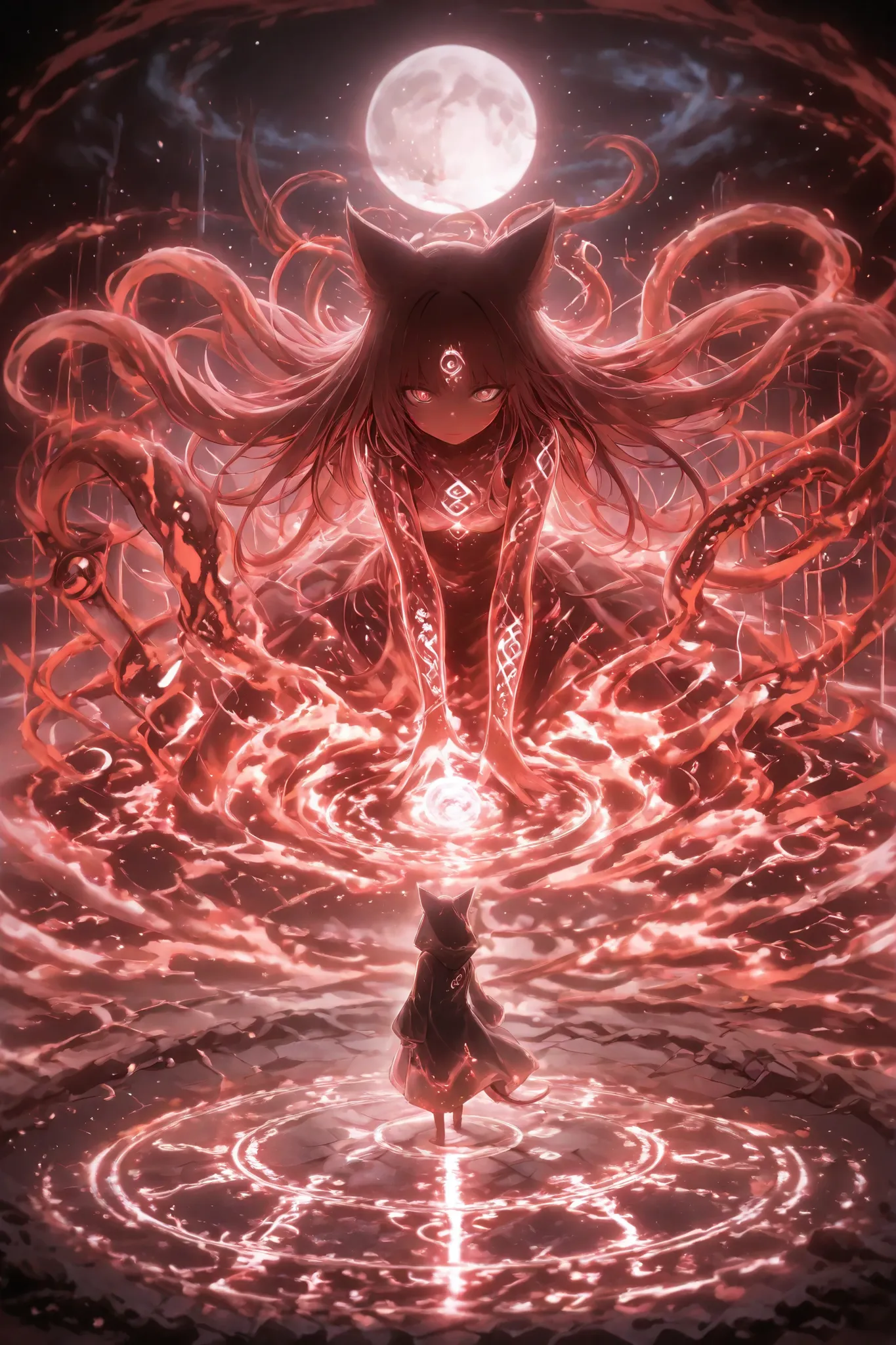 A dark, futuristic ritual scene on an alien planet. Two mysterious figures in hooded space robes stand within a glowing, high-tech summoning circle etched into the rocky ground. The sky is filled with swirling cosmic clouds, distant stars, and a cracked mo...