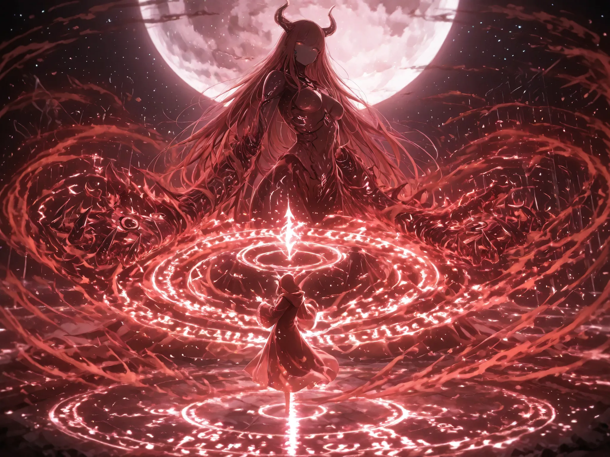 A dark, futuristic ritual scene on an alien planet. Two mysterious figures in hooded space robes stand within a glowing, high-tech summoning circle etched into the rocky ground. The sky is filled with swirling cosmic clouds, distant stars, and a cracked mo...