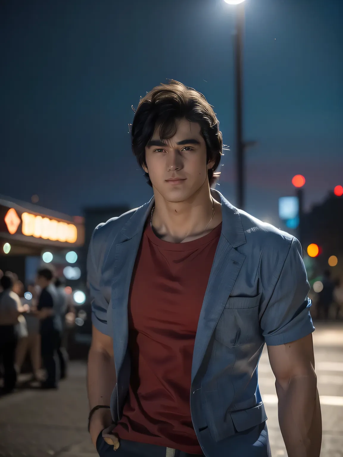 (saeba ryo city hunter ) blue suit jacket Red t-shirt, jeans, lewd smile, standing in front of a coffee shop. depth of written boundary, awesome solo, Realistic texture, Realistic Skin, Whole body, Highly detailed CG, Super detailed, extremely detailed ha...