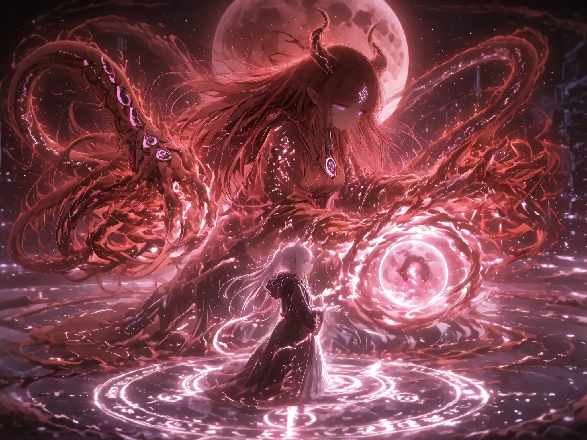 A dark, futuristic ritual scene on an alien planet. Two mysterious figures in hooded space robes stand within a glowing, high-tech summoning circle etched into the rocky ground. The sky is filled with swirling cosmic clouds, distant stars, and a cracked mo...