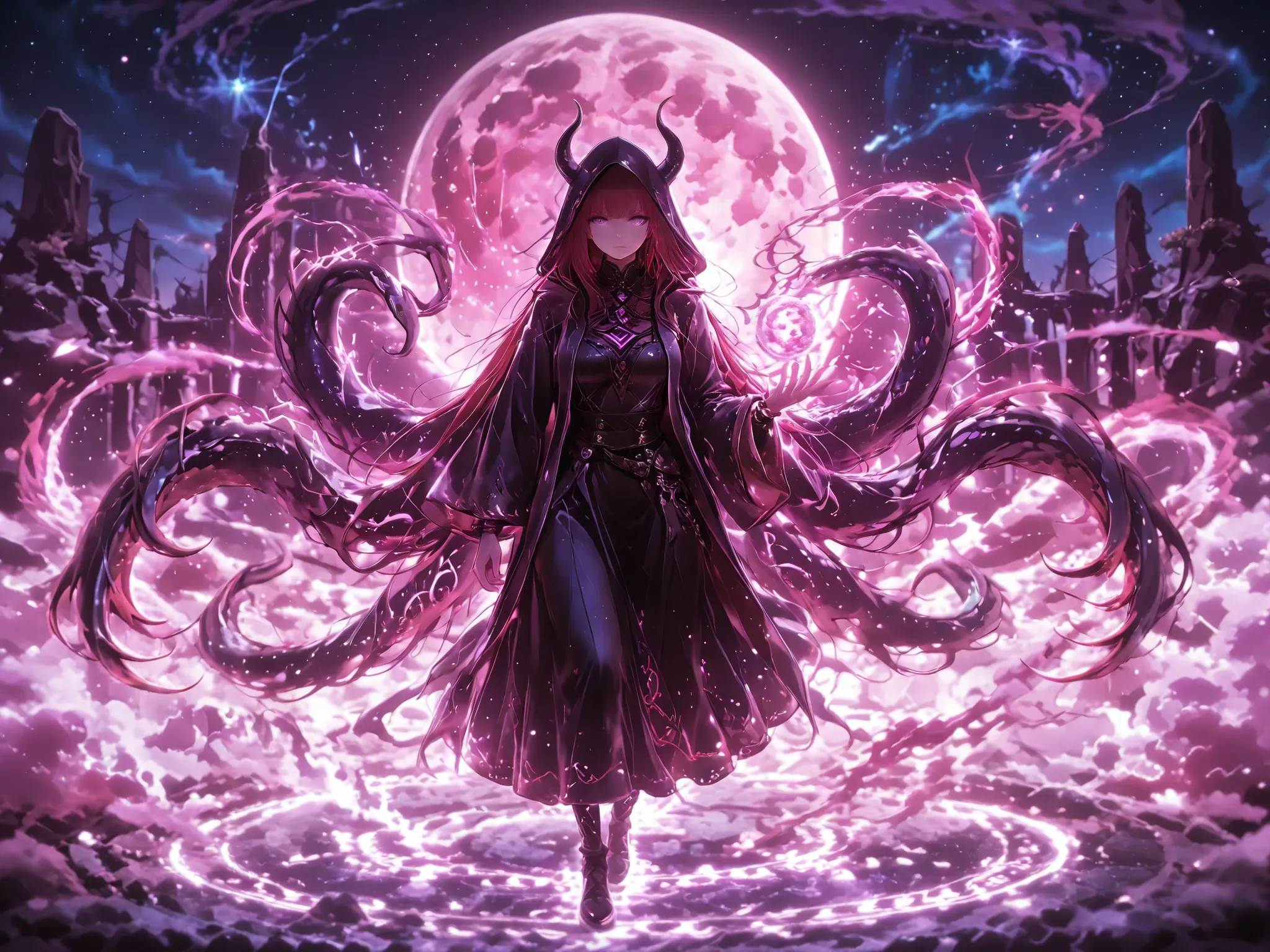 A dark, futuristic ritual scene on an alien planet. Two mysterious figures in hooded space robes stand within a glowing, high-tech summoning circle etched into the rocky ground. The sky is filled with swirling cosmic clouds, distant stars, and a cracked mo...