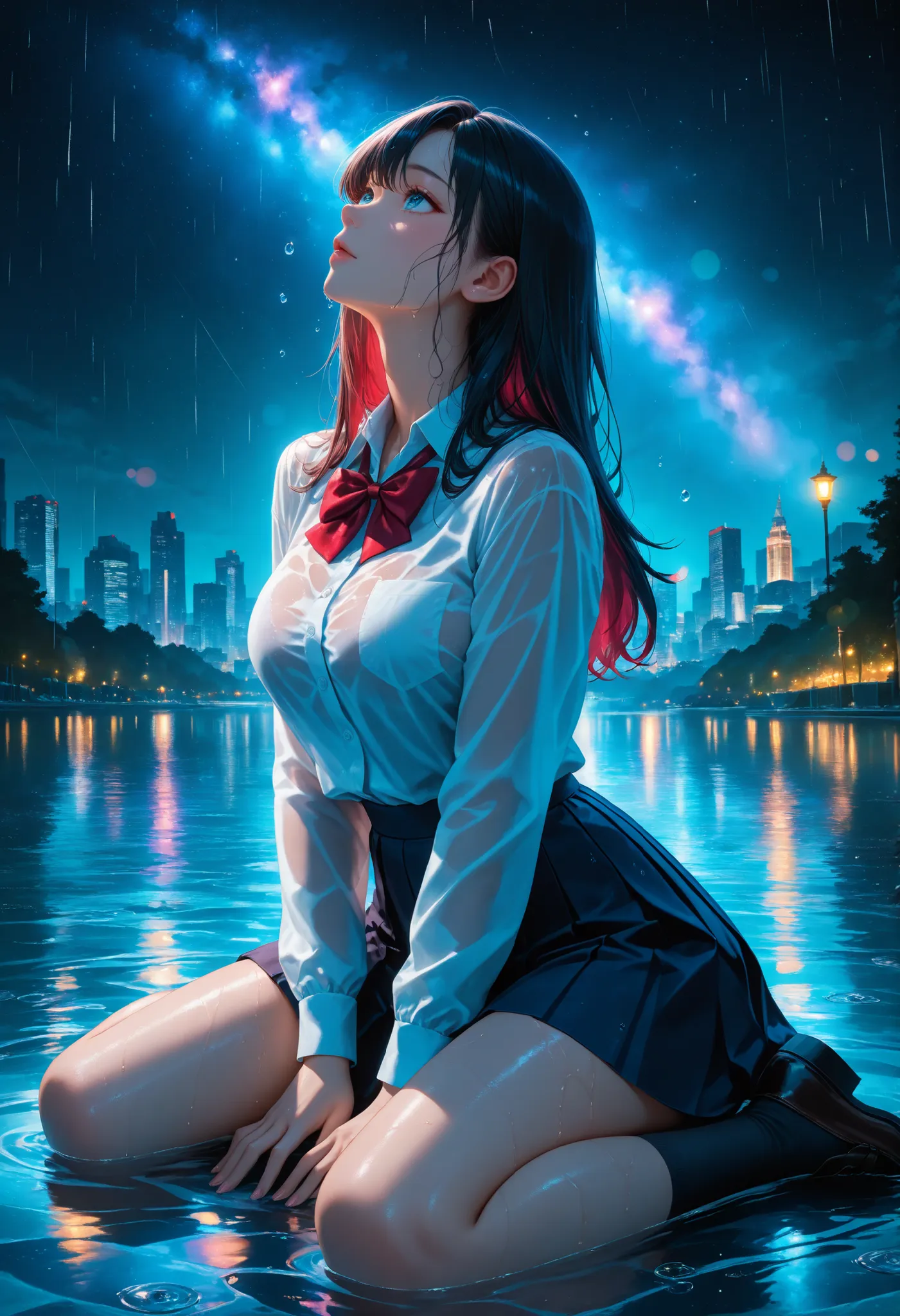 br_art, masterpiece, very aesthetic, upper body, 1girl, starry sky background, Rainy Night, Women's High Uniform, shirt, Bowtie, Pleated Skirt, Look Up:1.2, wariza, Water Drop, wet, rain falls, cowboy shot:1.2, High Quality, Exquisite facial depictions, 4K...
