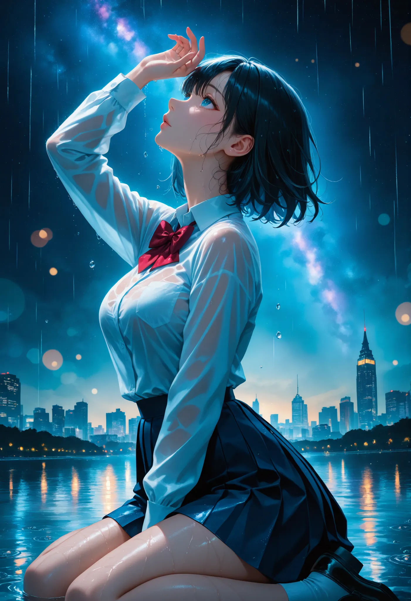 br_art, masterpiece, very aesthetic, upper body, 1girl, starry sky background, Rainy Night, Women's High Uniform, shirt, Bowtie, Pleated Skirt, Look Up:1.2, wariza, Water Drop, wet, rain falls, cowboy shot:1.2, High Quality, Exquisite facial depictions, 4K...