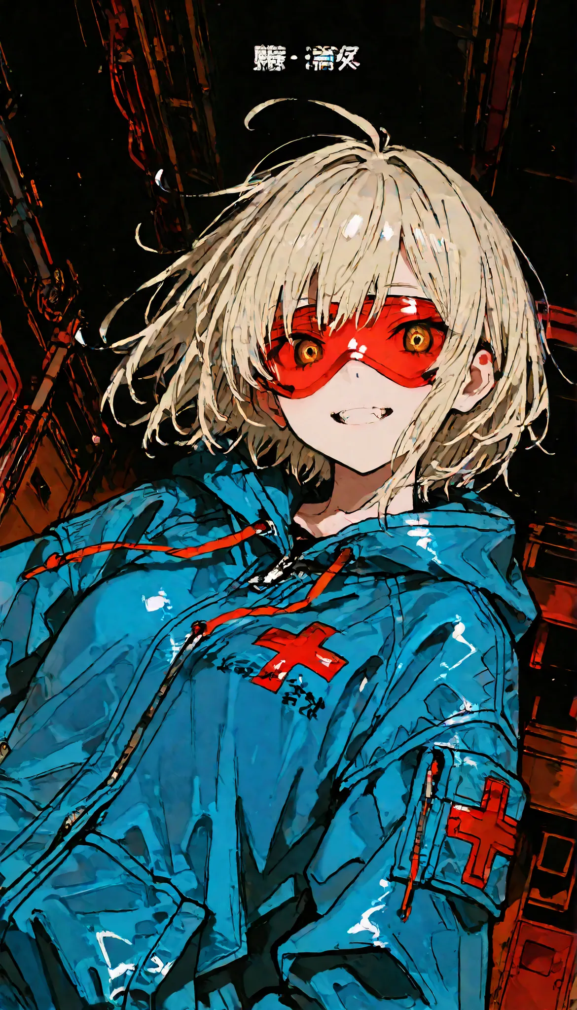 若い女性teeth、A futuristic, abstract setting, teeth、Evokes a medical connotation。It matches with a headpiece adorned with a red cross. 彼女の服装にteeth、It gives contrast and depth to the dark colors and sharp shapes in the foreground, Features metallic shades of bl...