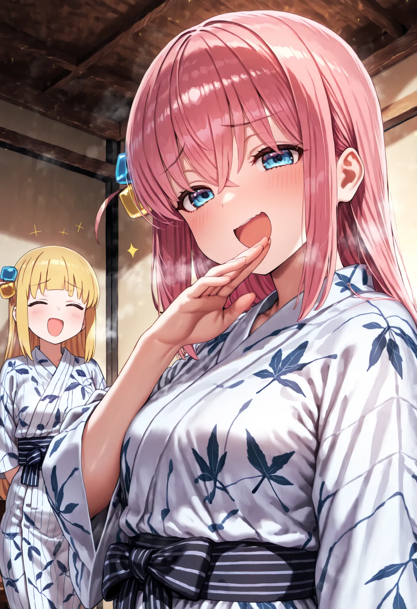masterpiece, best quality, absurdres, highres, newest,alta calidad, obra maestra, Gotou hitori, bocchi, wearing a red yukata with maple leaf print, ojou-sama pose, laughing, smug, hand to own mouth, open mouth, upper body,